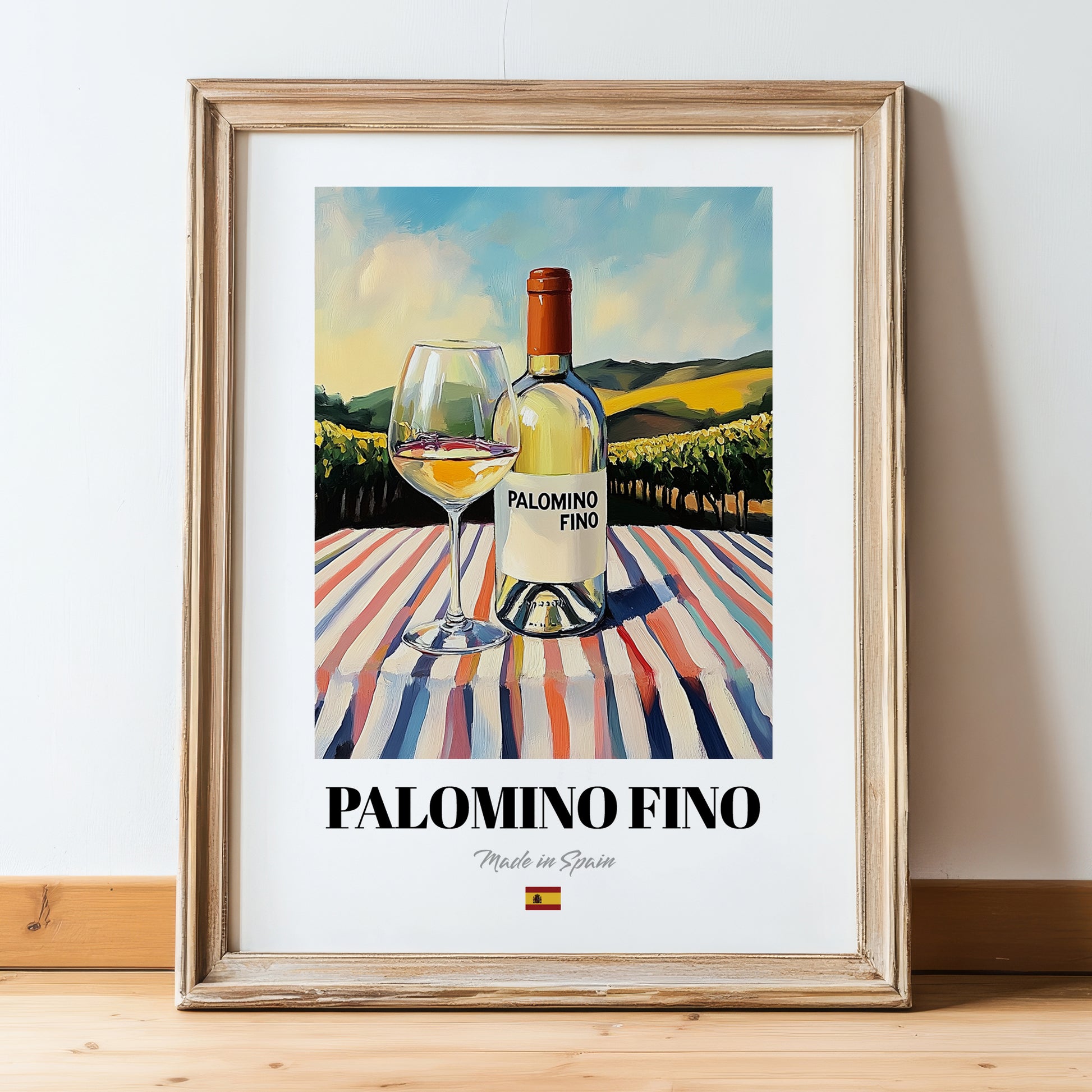 Palomino Fino – Spanish White Wine, Wine Bar Print, in wooden frame leaning on the floor