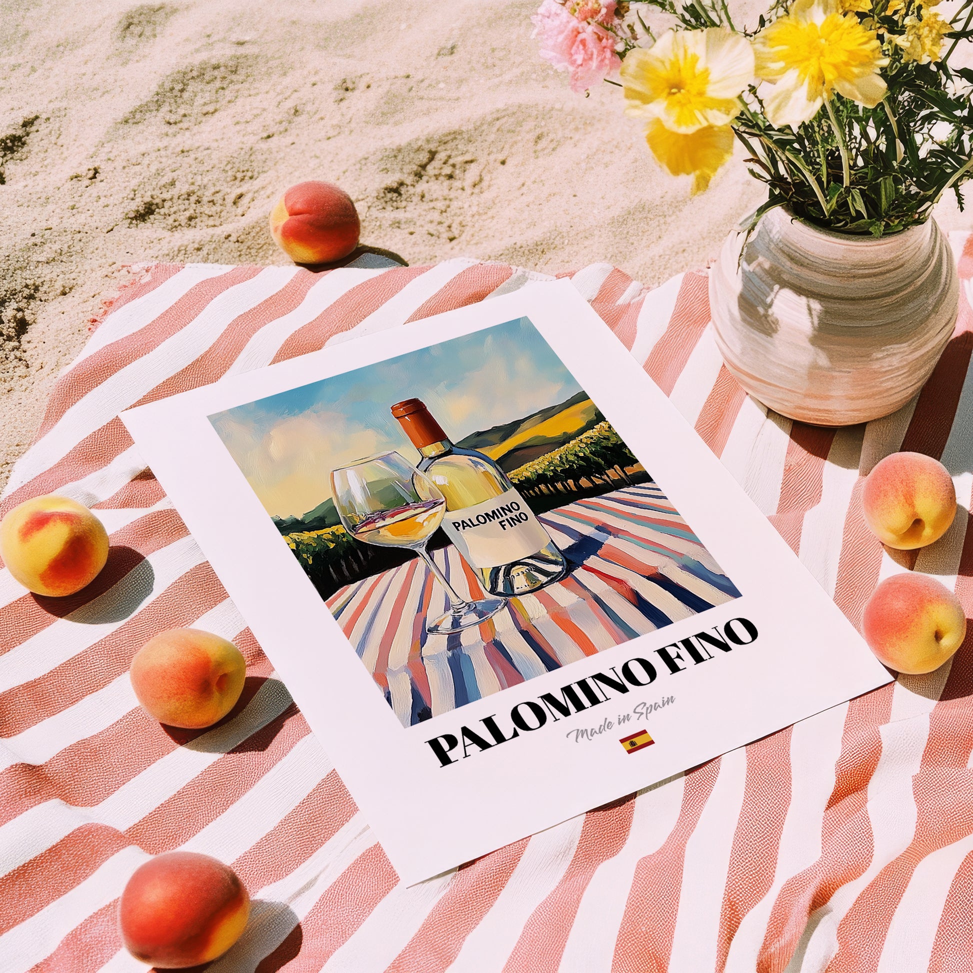 Palomino Fino – Spanish White Wine, Wine Bar Print, unframed on coastal sand