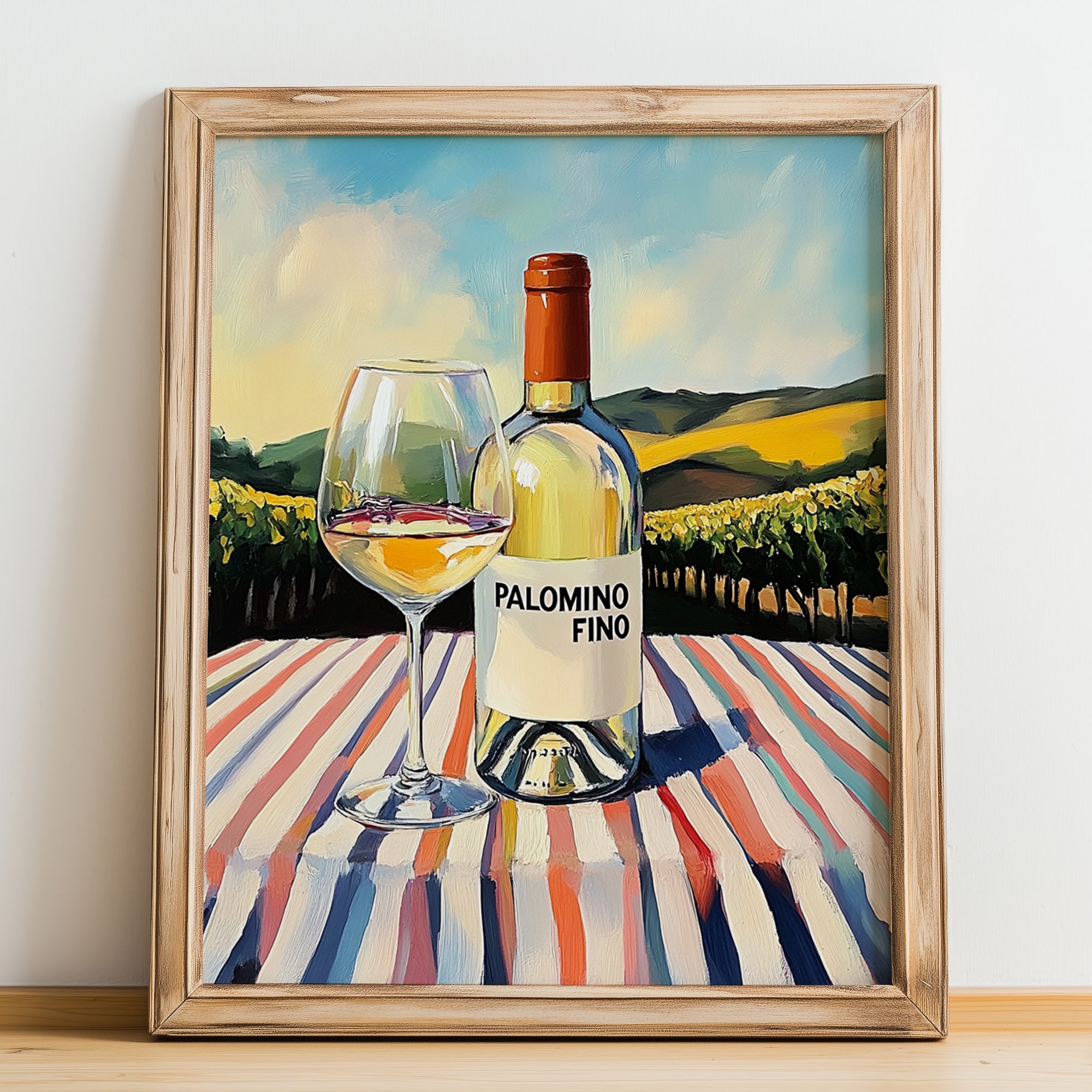 Palomino Fino – Spanish White Wine, Wine Bar Print, no-text version framed in wood