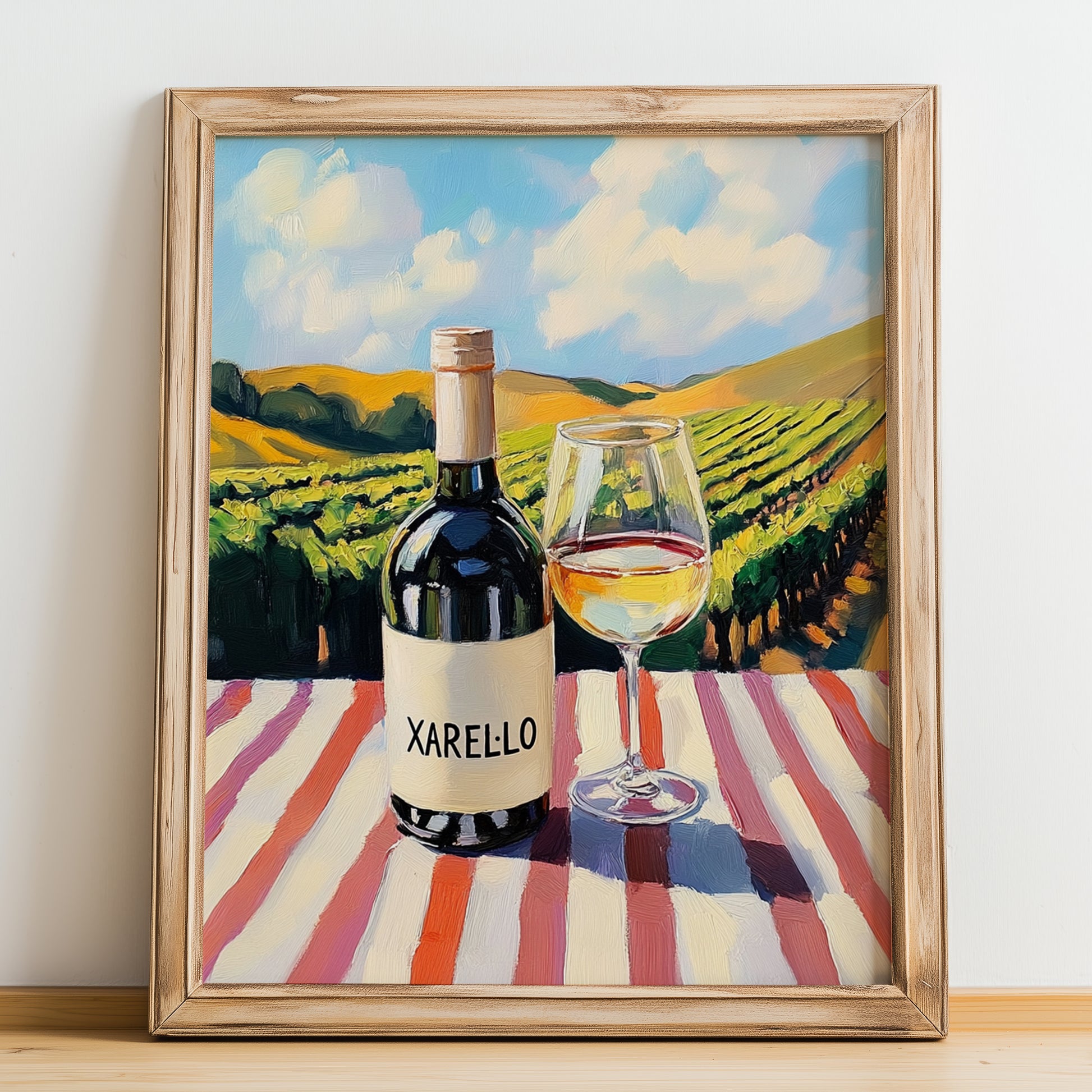 Xarel·lo – Spanish White Wine, Vineyard Terrace Poster, no-text version framed in wood