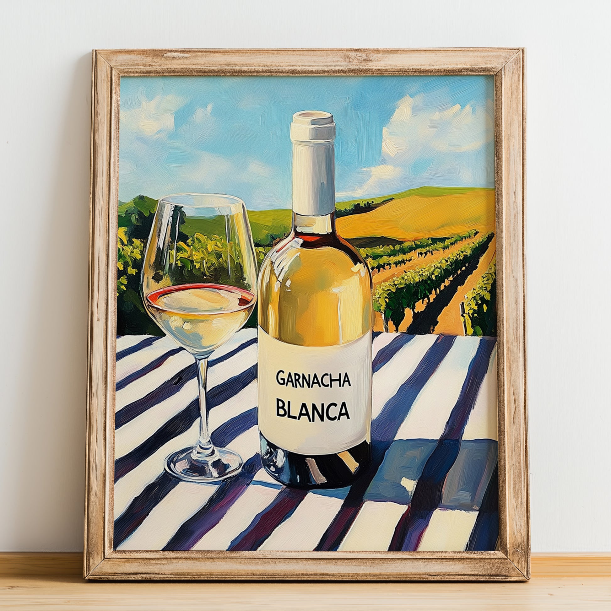 Garnacha Blanca – Spanish White Wine, Wine Bar Wall Art, no-text version framed in wood