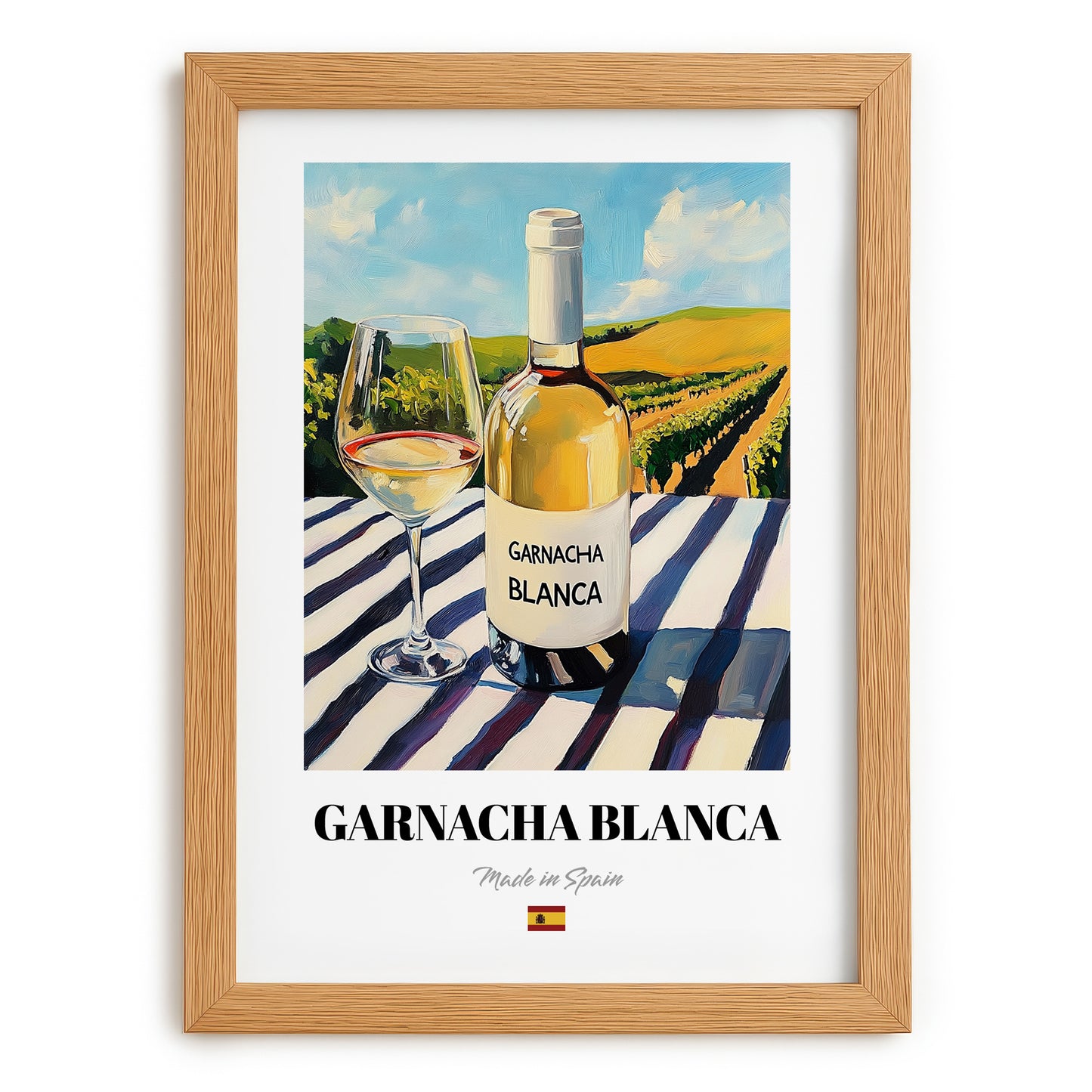 Garnacha Blanca – Spanish White Wine, Wine Bar Wall Art, set in oak frame