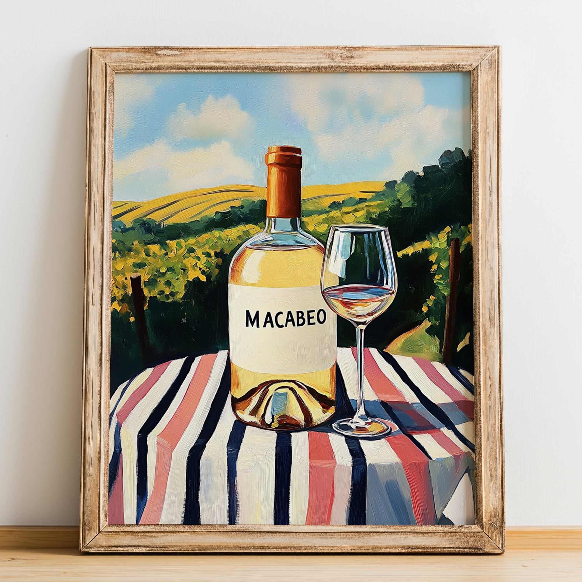 Macabeo – Spanish White Wine, Bodega Art, no-text version framed in wood
