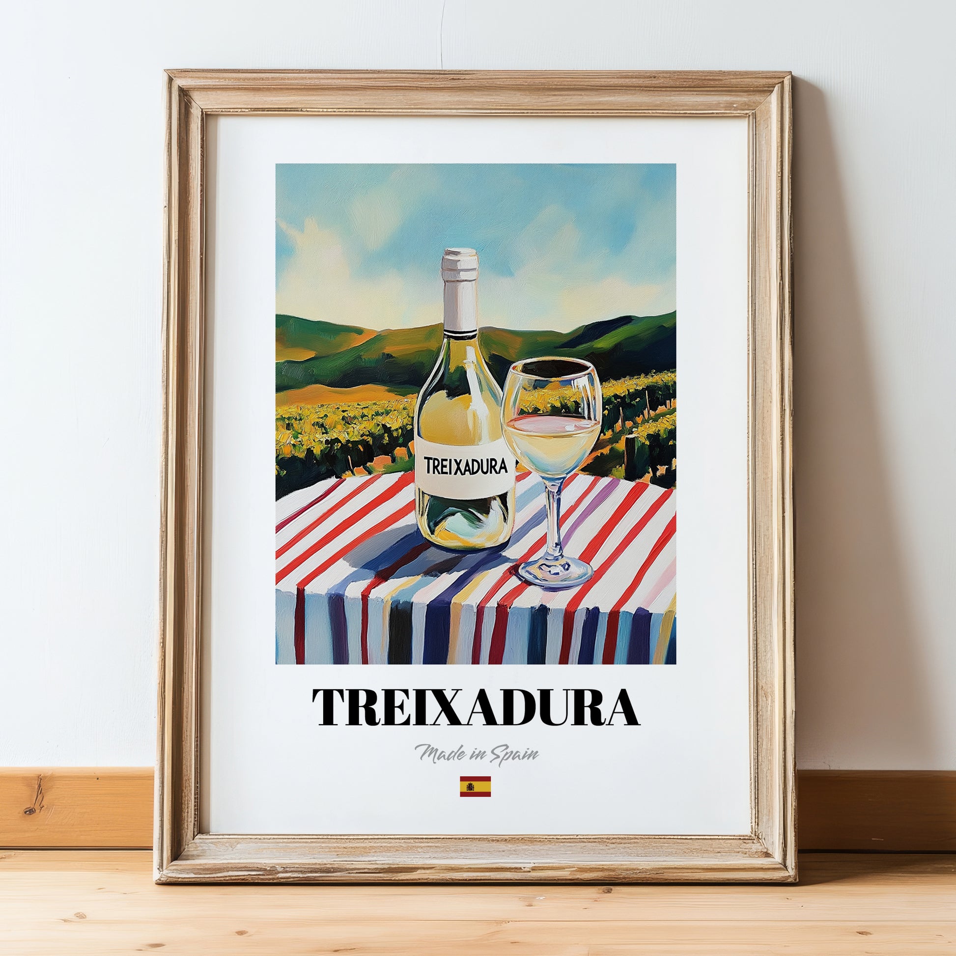 Treixadura – Spanish White Wine, Wine Bar Art, in wooden frame leaning on the floor