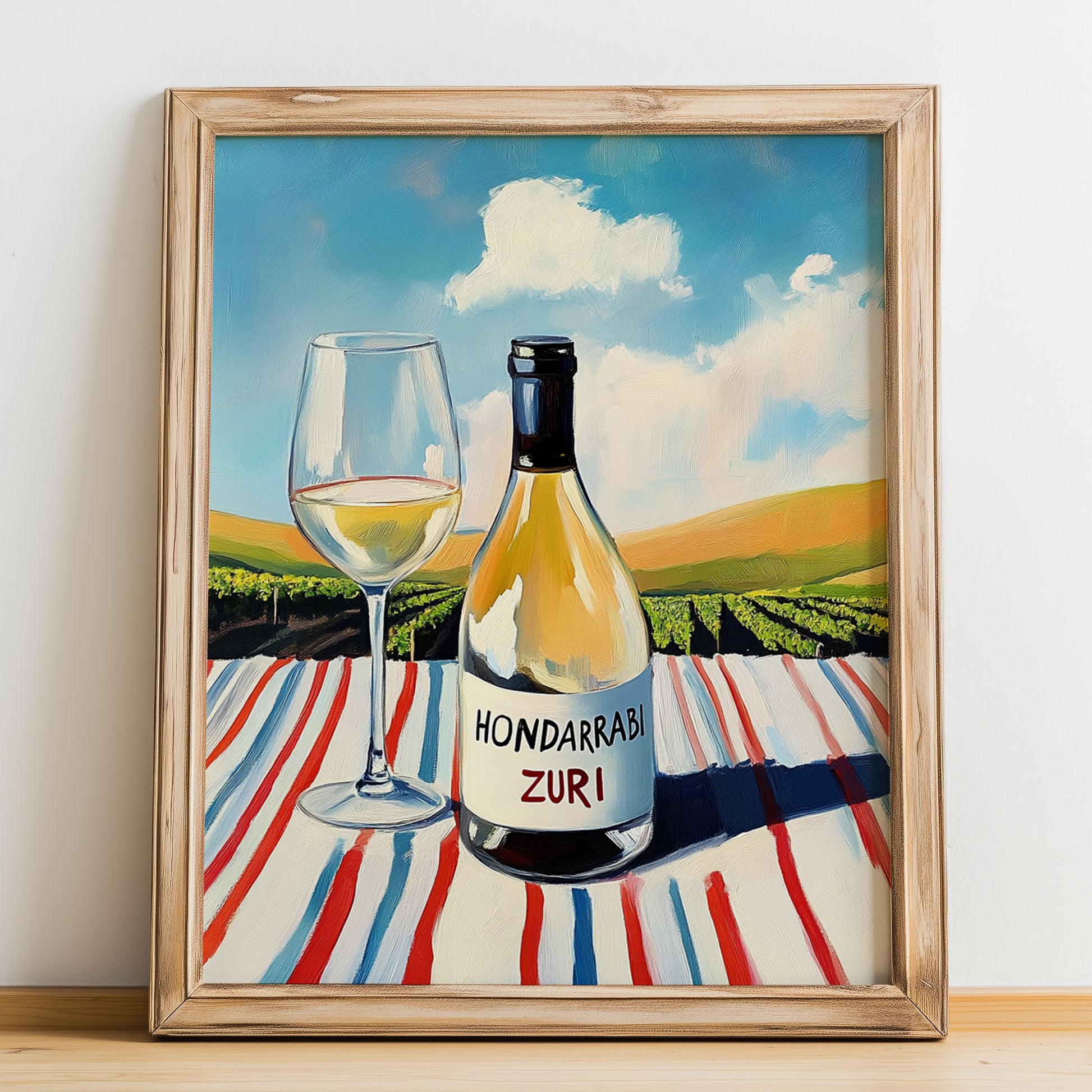 Hondarrabi Zuri – Spanish White Wine, Wine Bar Print, no-text version framed in wood