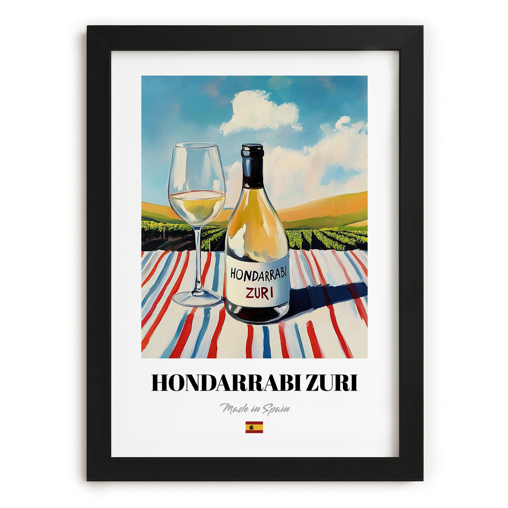 Hondarrabi Zuri – Spanish White Wine, Wine Bar Print, in sleek black frame