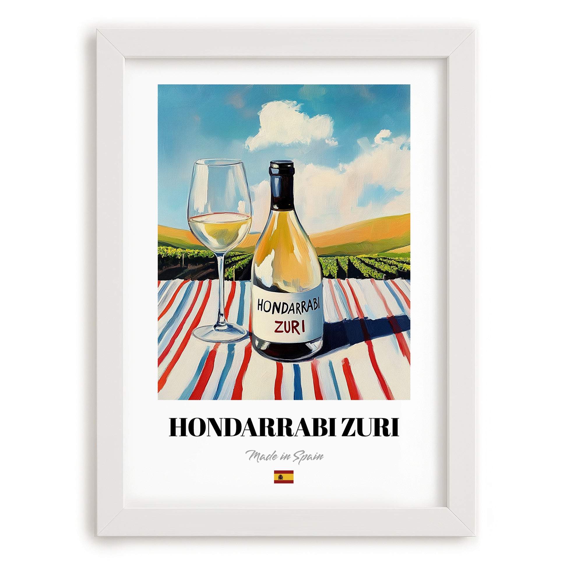 Hondarrabi Zuri – Spanish White Wine, Wine Bar Print, placed in minimal white frame