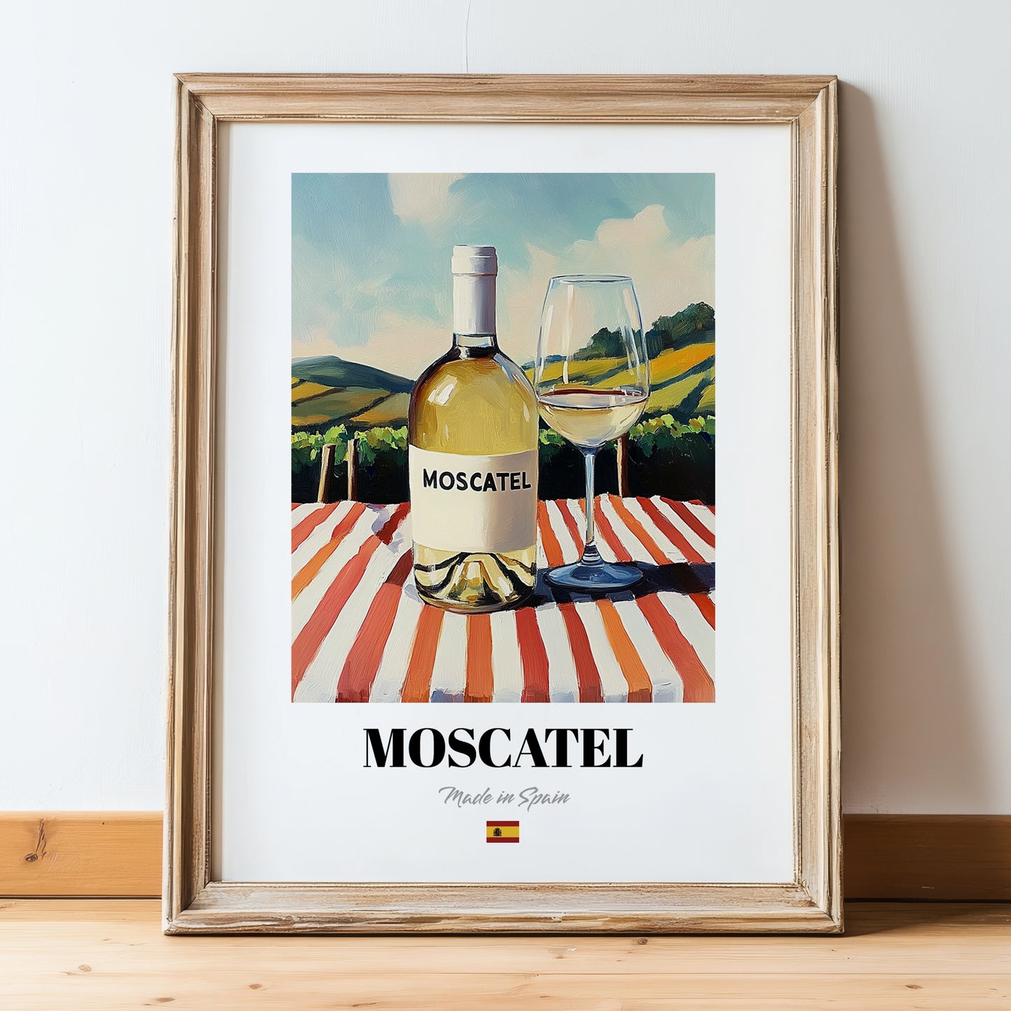 Moscatel – Spanish White Wine, Vineyard Terrace Poster, in wooden frame leaning on the floor