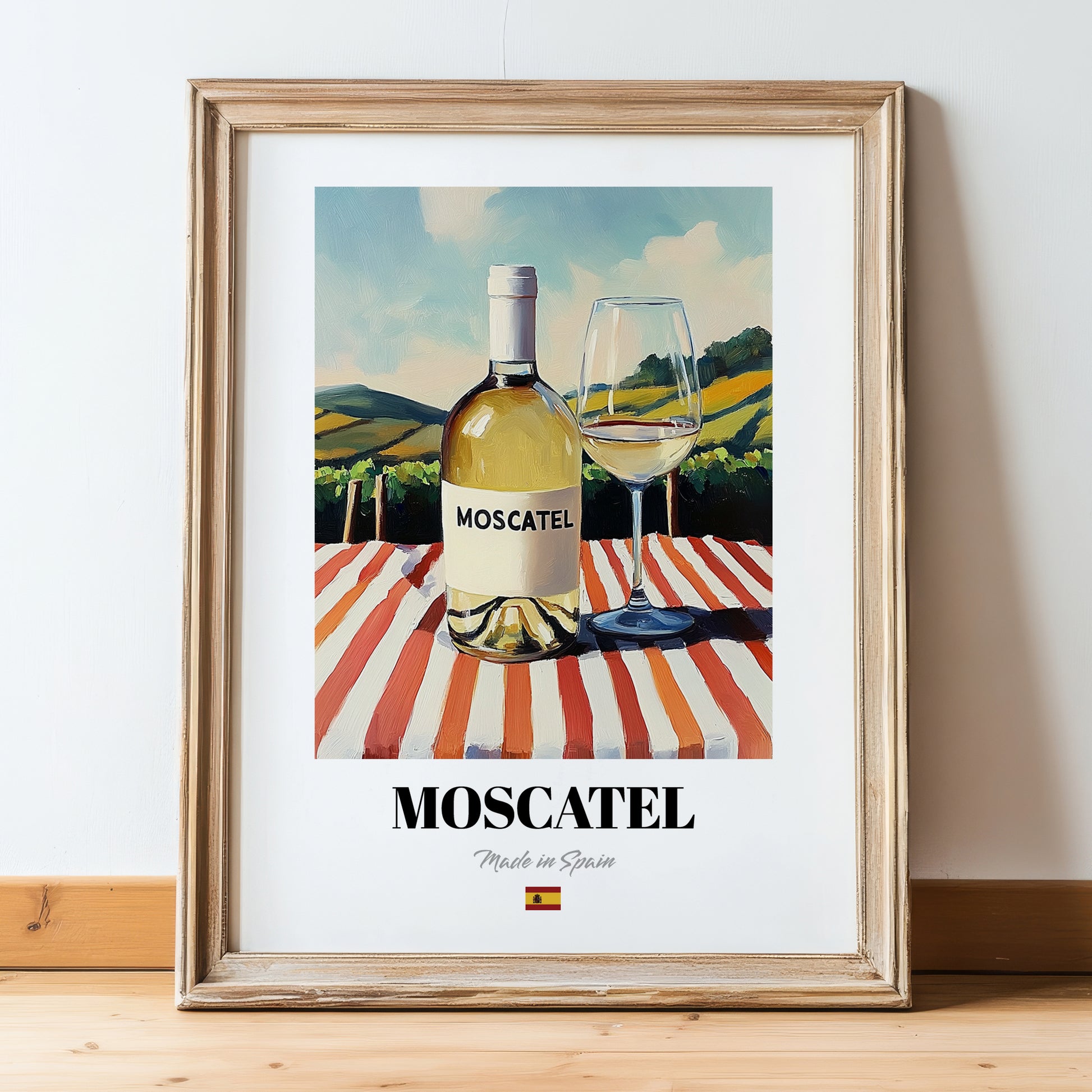 Moscatel – Spanish White Wine, Vineyard Terrace Poster, in wooden frame leaning on the floor