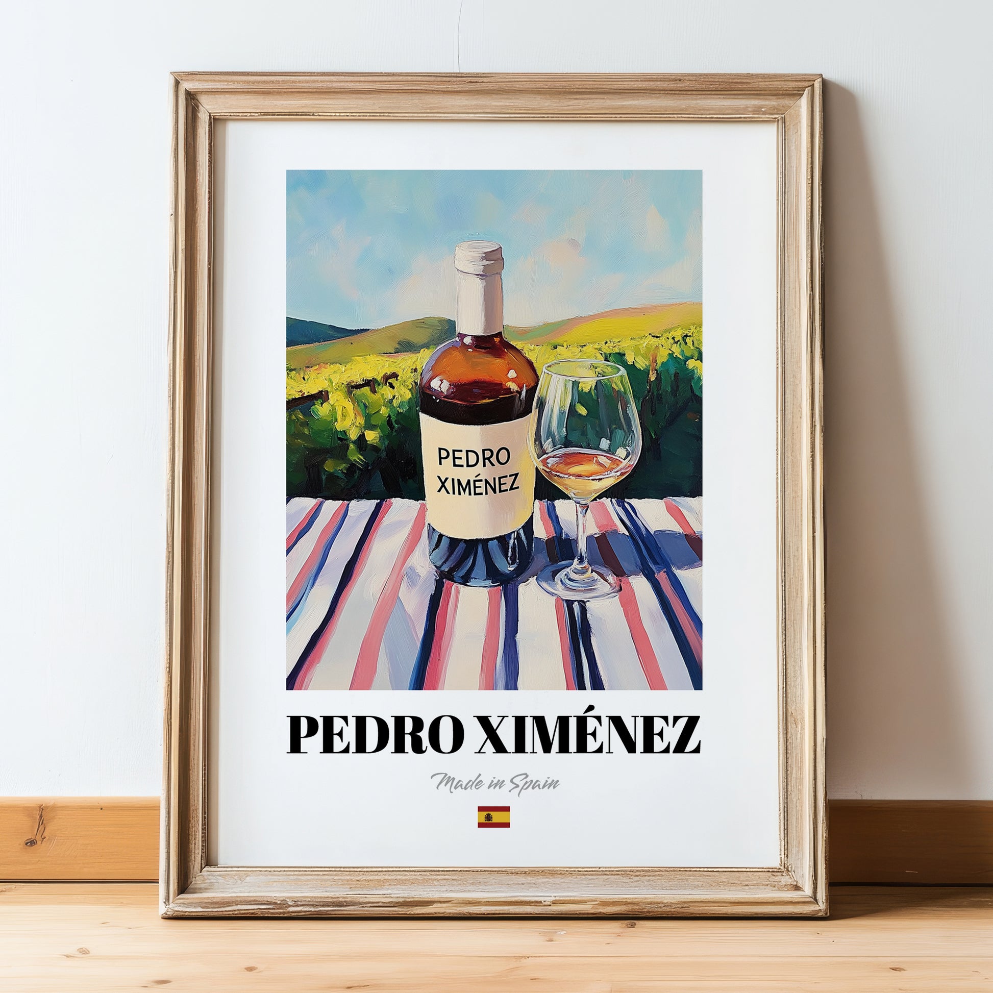 Pedro Ximénez – Spanish White Wine, Vinoteca Painting, in wooden frame leaning on the floor