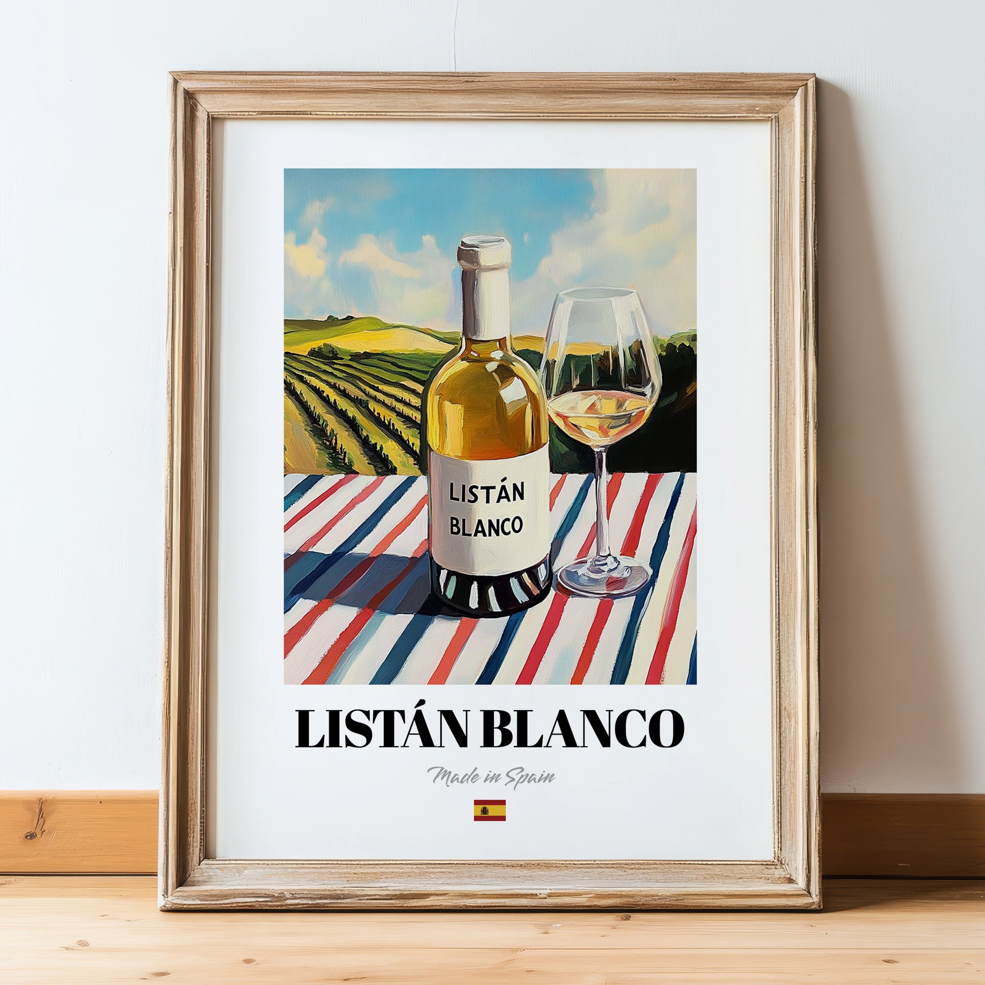 Listán Blanco – Spanish White Wine, Vinoteca Wall Decor, in wooden frame leaning on the floor