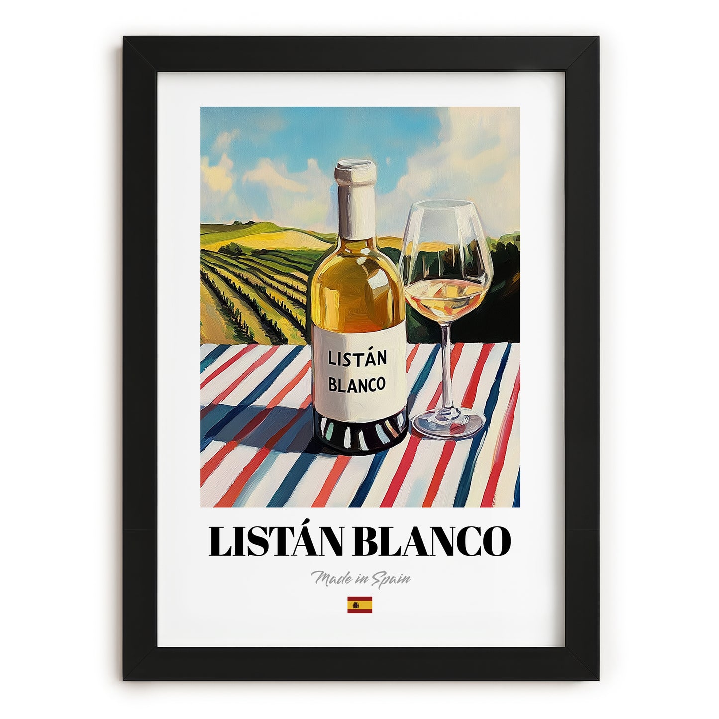 Listán Blanco – Spanish White Wine, Vinoteca Wall Decor, in sleek black frame