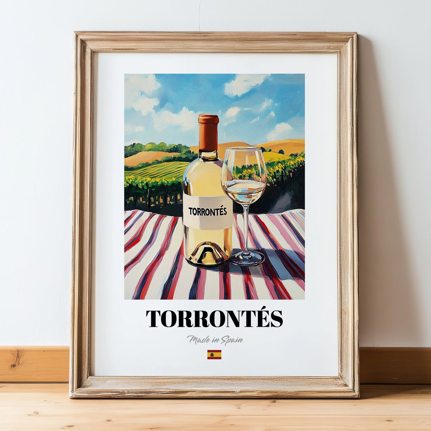 Torrontés – Spanish White Wine, Bodega Wall Art, in wooden frame leaning on the floor