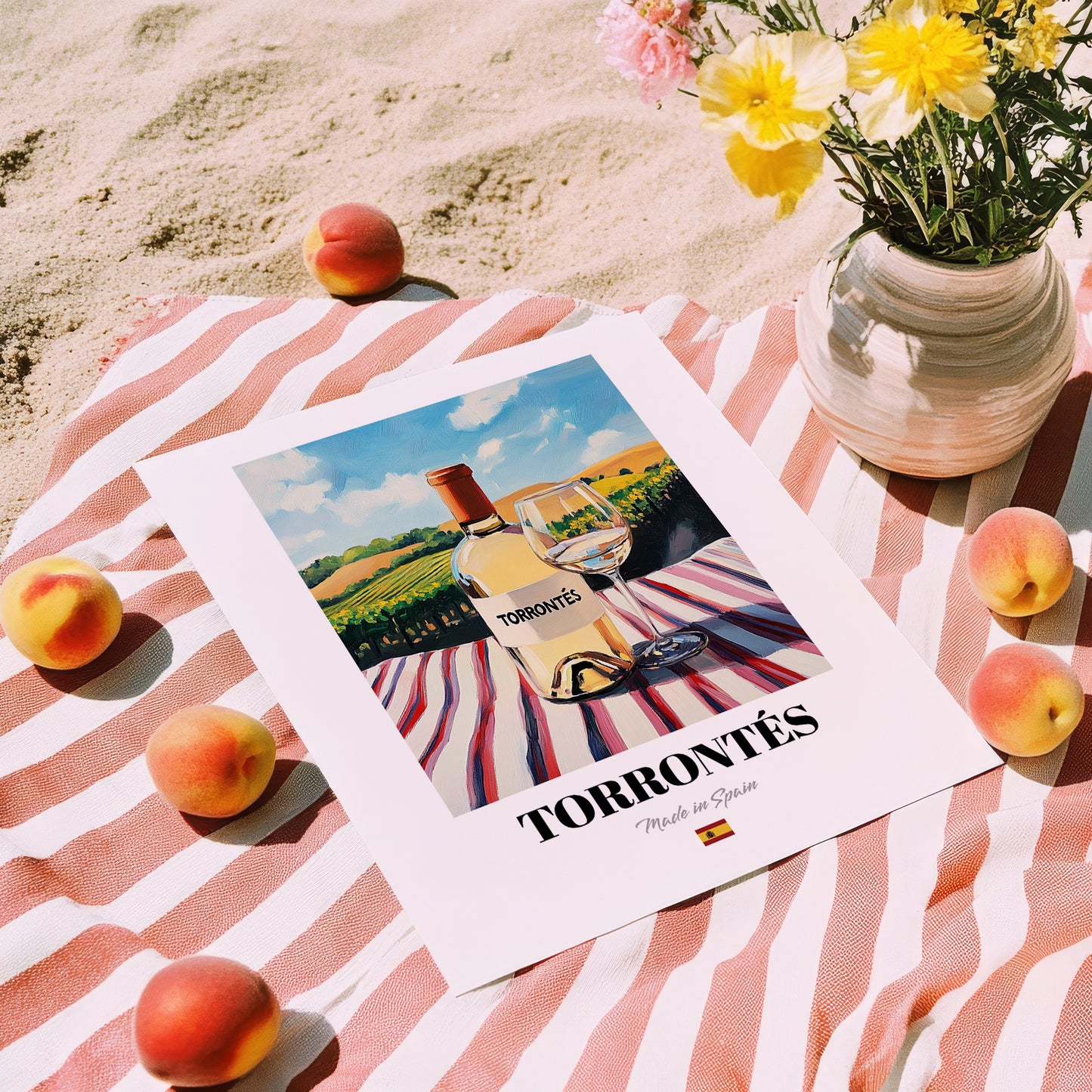 Torrontés – Spanish White Wine, Bodega Wall Art, unframed on coastal sand