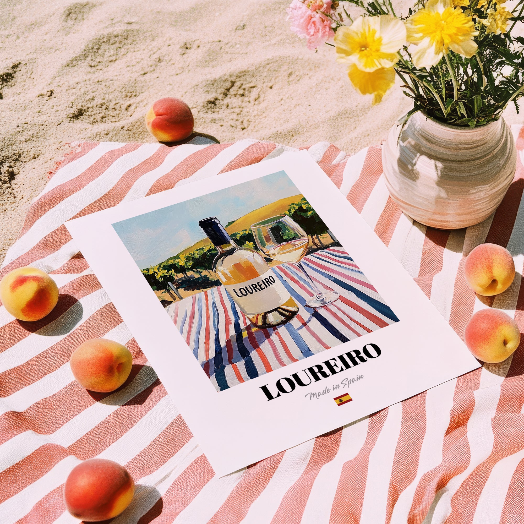 Loureiro – Spanish White Wine, Vinoteca Art, unframed on coastal sand