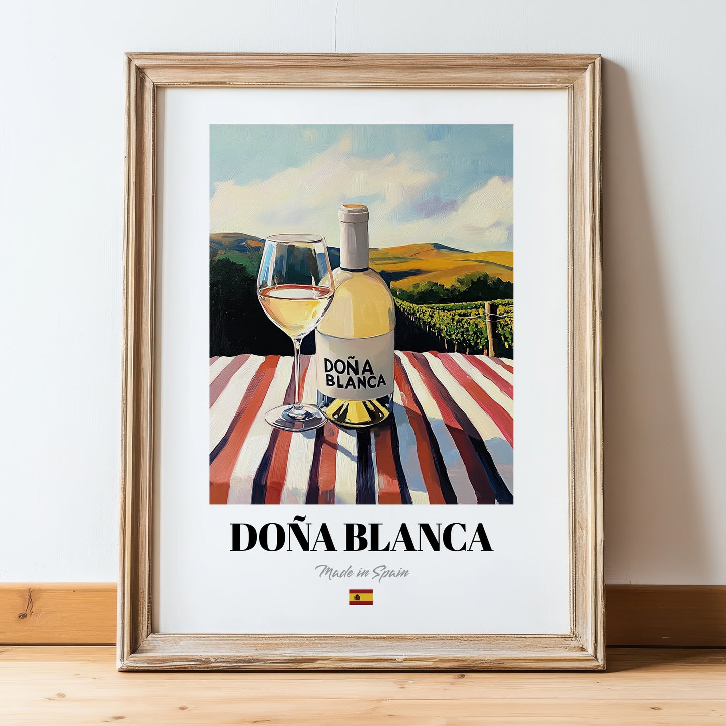 Doña Blanca – Spanish White Wine, Enoteca Still Life, in wooden frame leaning on the floor