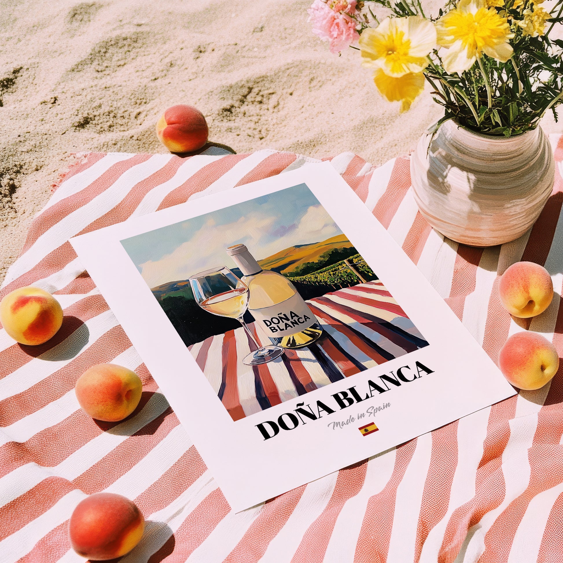 Doña Blanca – Spanish White Wine, Enoteca Still Life, unframed on coastal sand