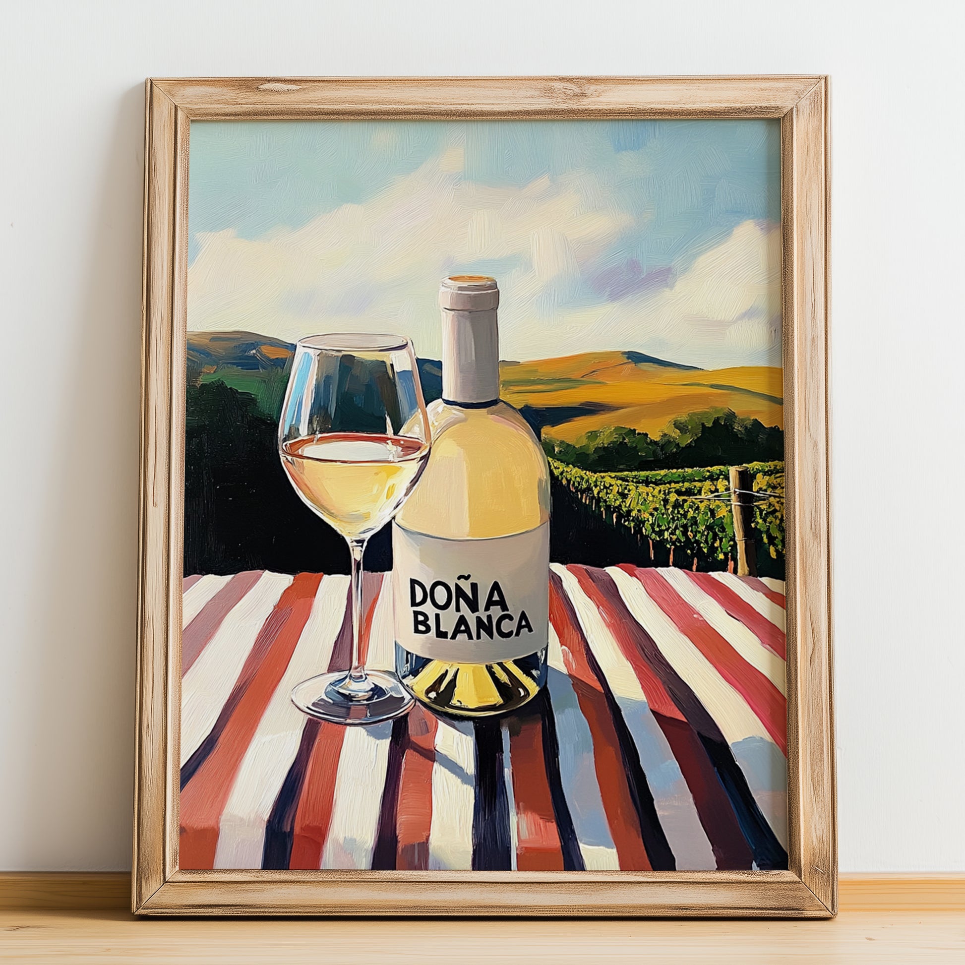 Doña Blanca – Spanish White Wine, Enoteca Still Life, no-text version framed in wood