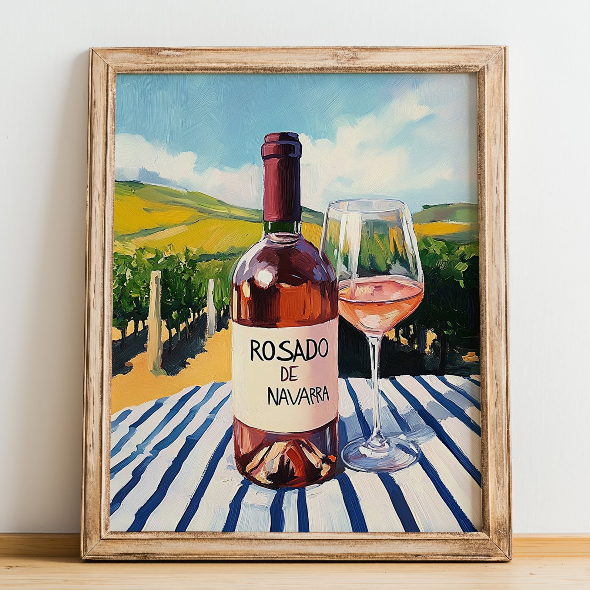 Rosado de Navarra – Spanish Rose Wine, Bodega Wall Art, no-text version framed in wood