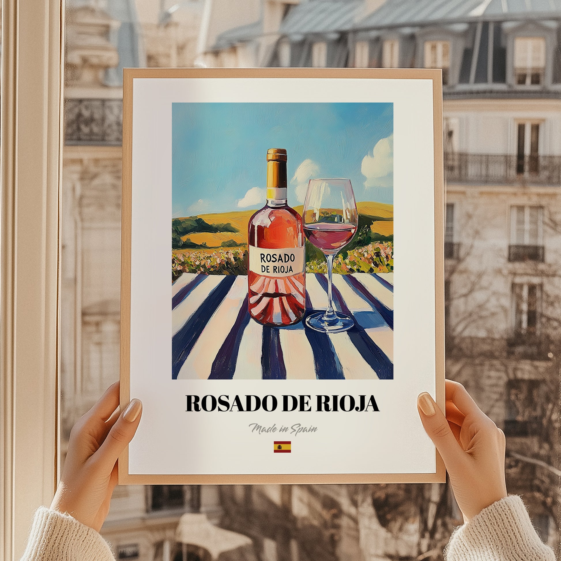 Rosado de Rioja – Spanish Rose Wine, Wine Bar Poster, styled in a charming Paris street view