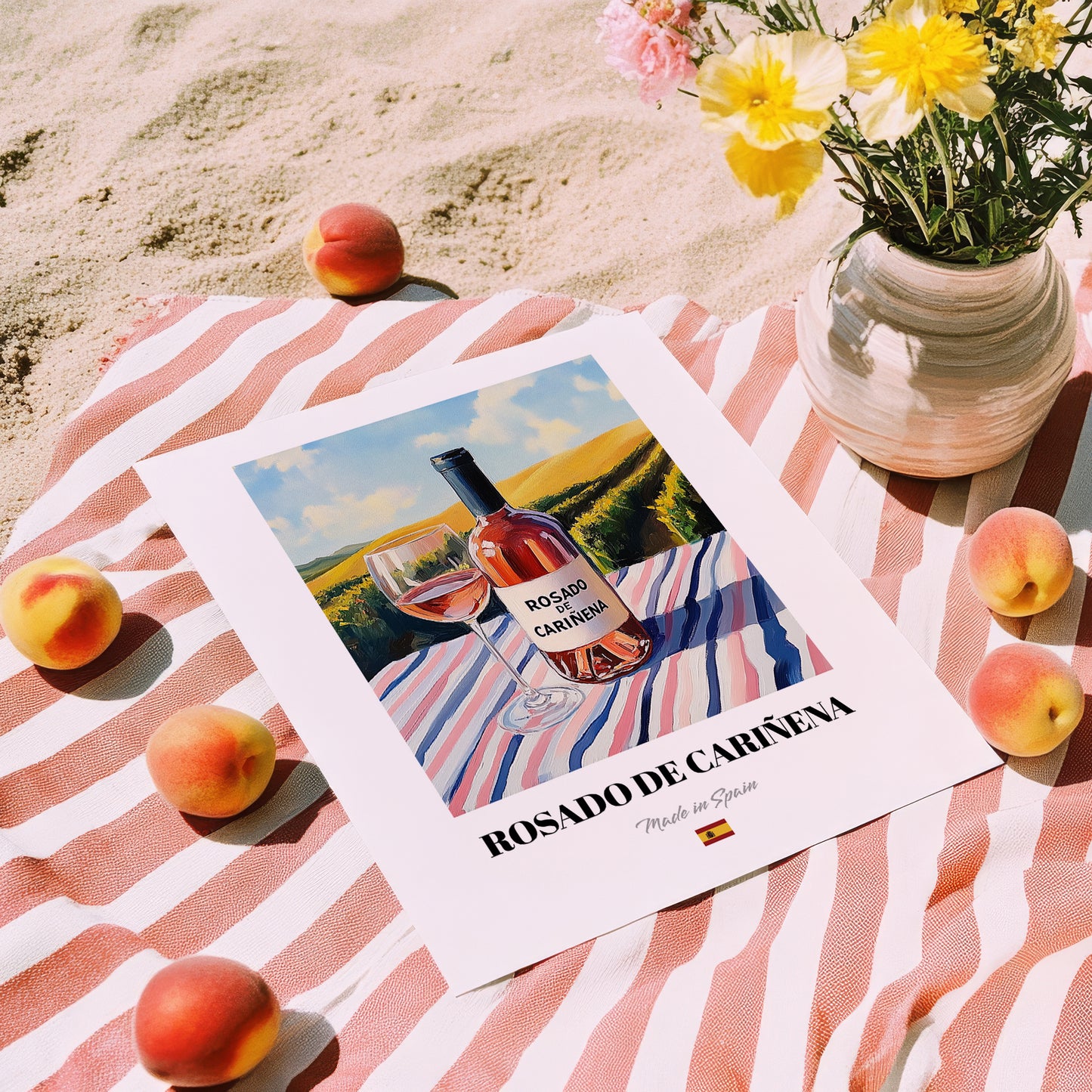 Rosado de Cariñena – Spanish Rose Wine, Wine Bar Poster, unframed on coastal sand
