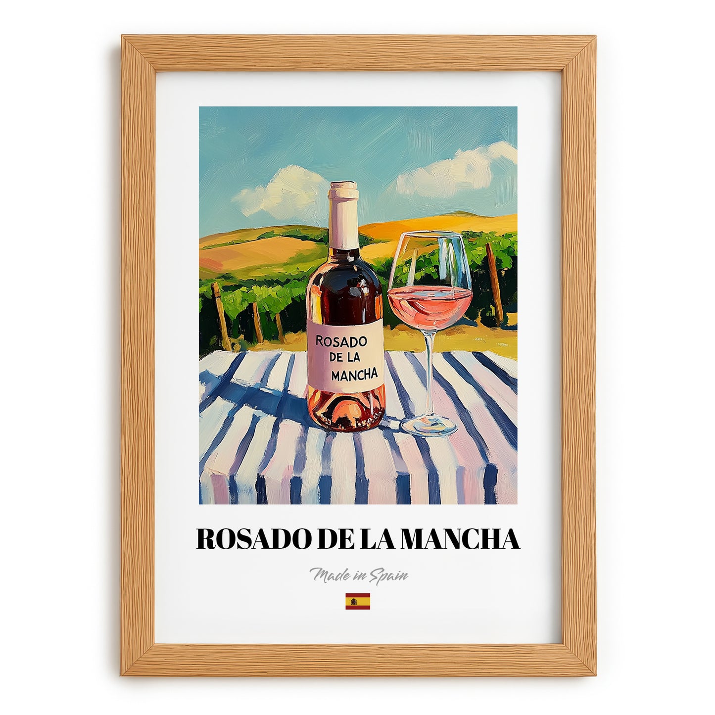 Rosado de La Mancha – Spanish Rose Wine, Vinoteca Illustration, set in oak frame