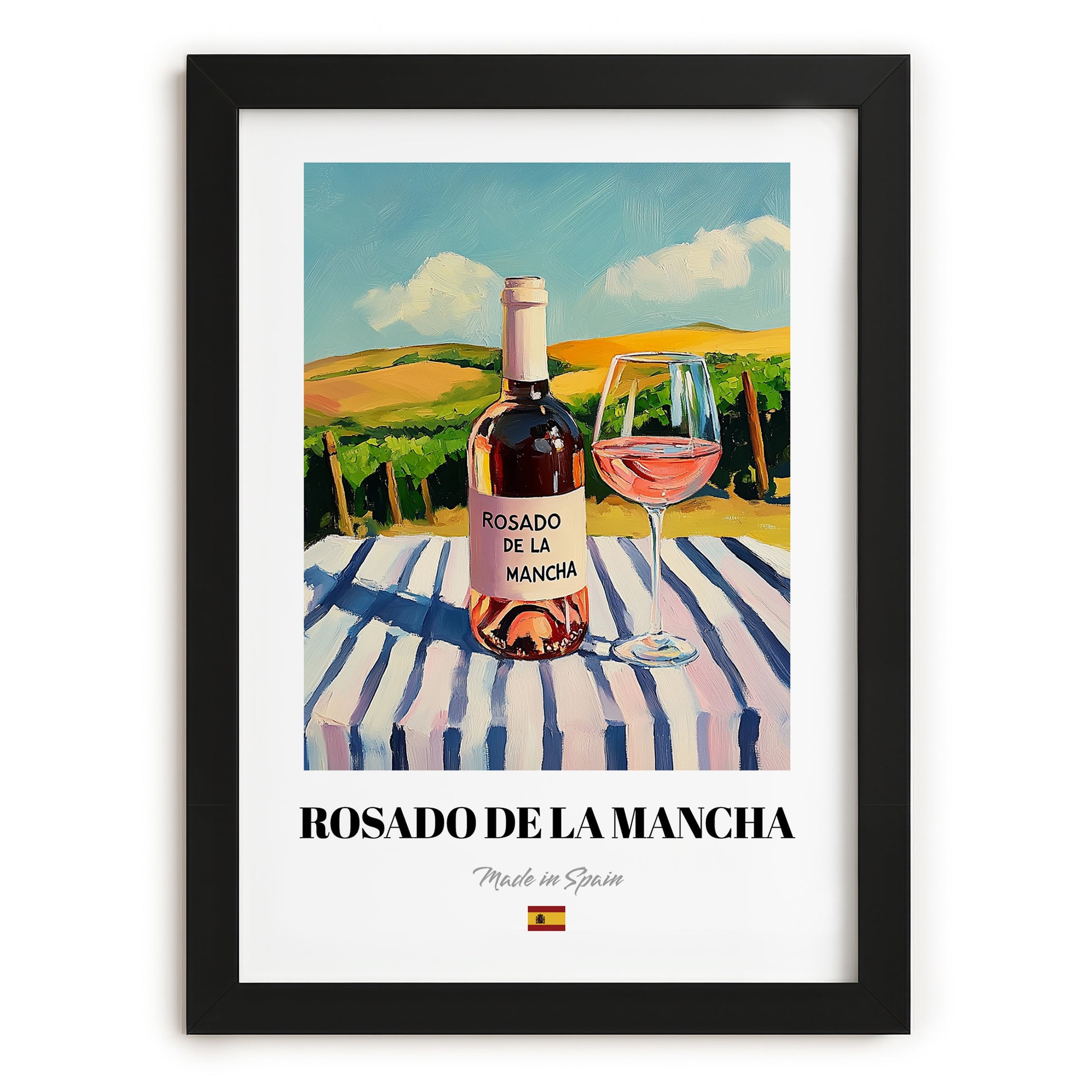 Rosado de La Mancha – Spanish Rose Wine, Vinoteca Illustration, in sleek black frame