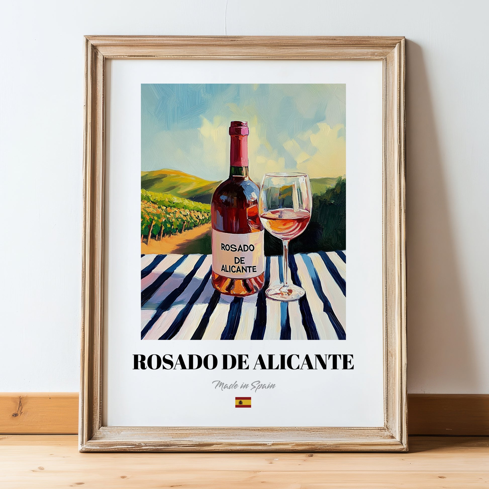 Rosado de Alicante – Spanish Rose Wine, Vinoteca Painting, in wooden frame leaning on the floor