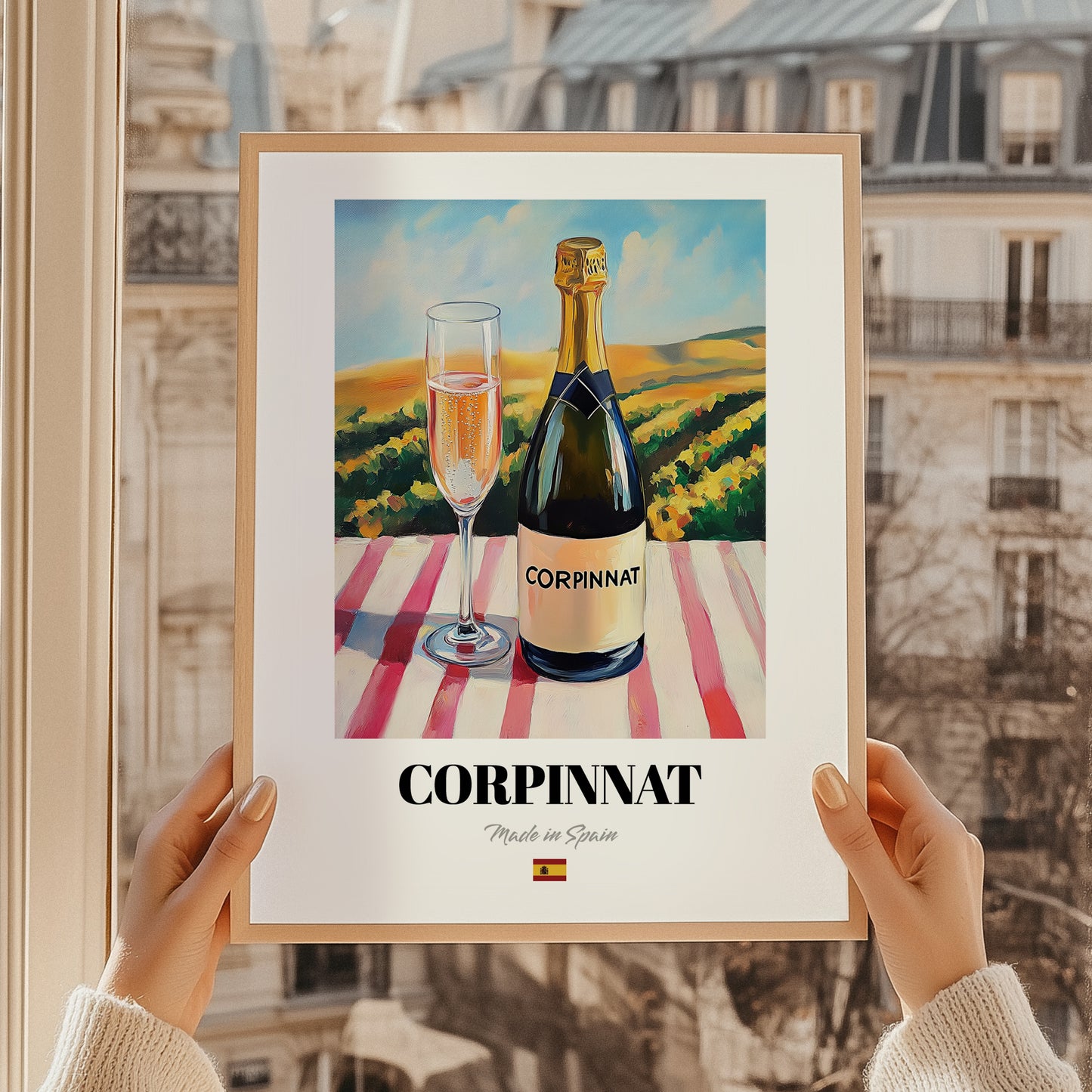 Corpinnat – Spanish Sparkling Wine, Wine Bar Wall Art, styled in a charming Paris street view