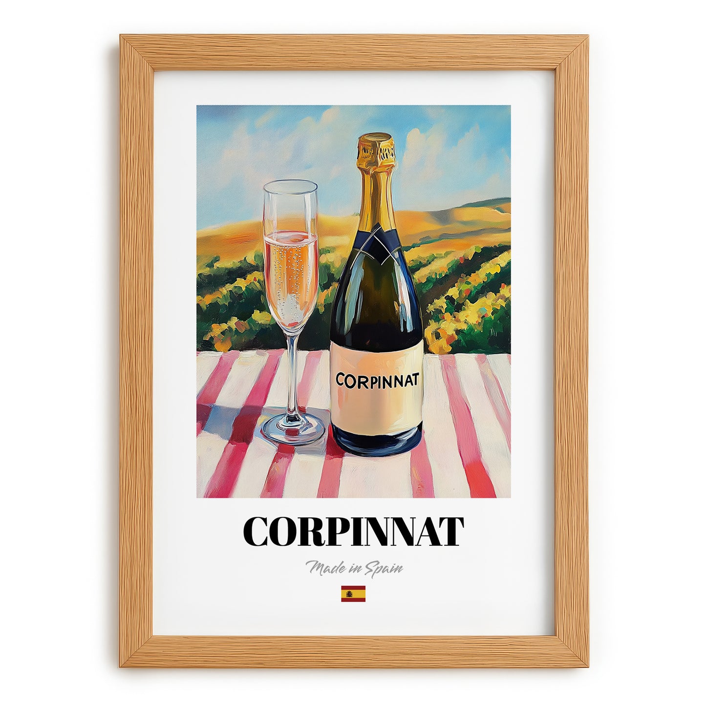 Corpinnat – Spanish Sparkling Wine, Wine Bar Wall Art, set in oak frame