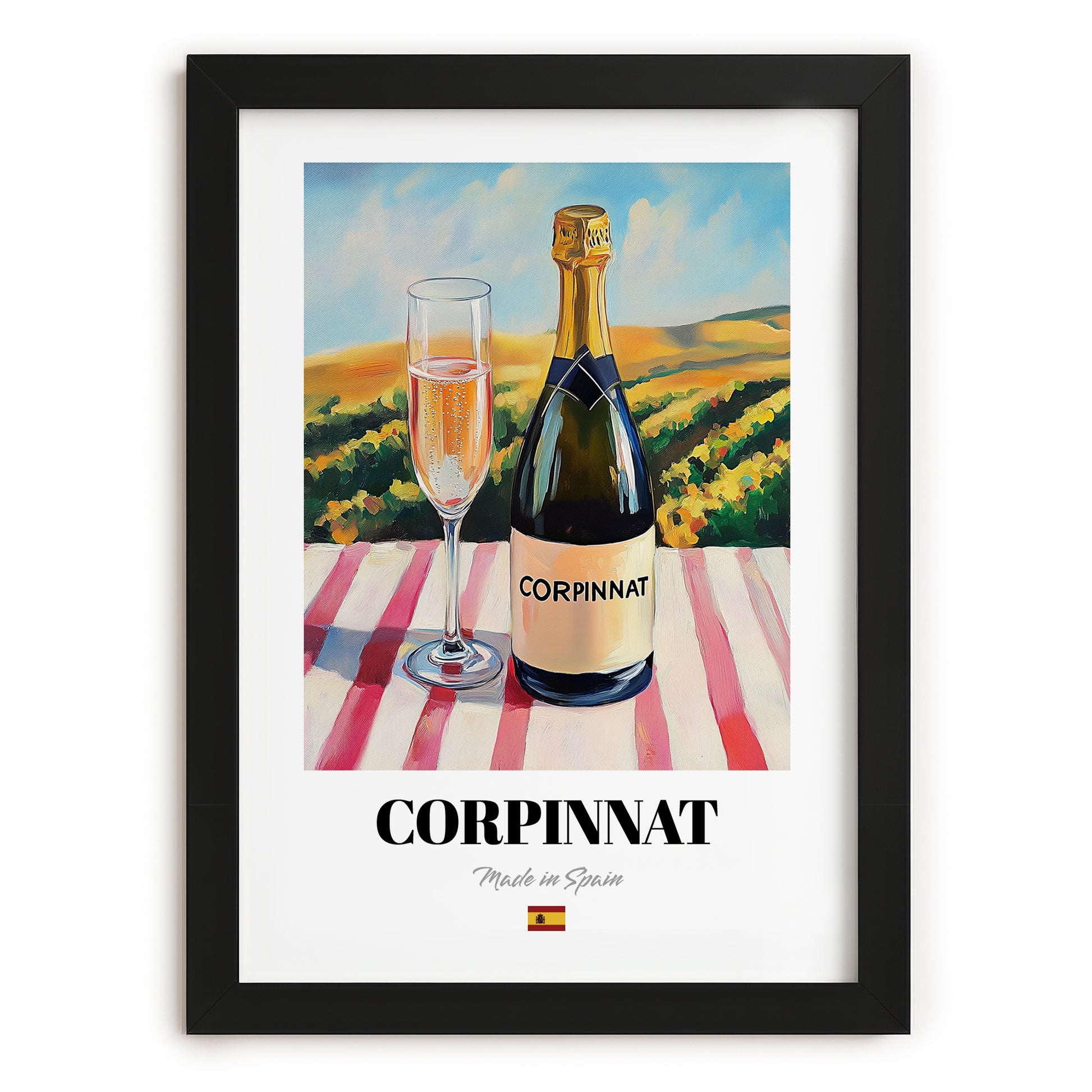 Corpinnat – Spanish Sparkling Wine, Wine Bar Wall Art, in sleek black frame
