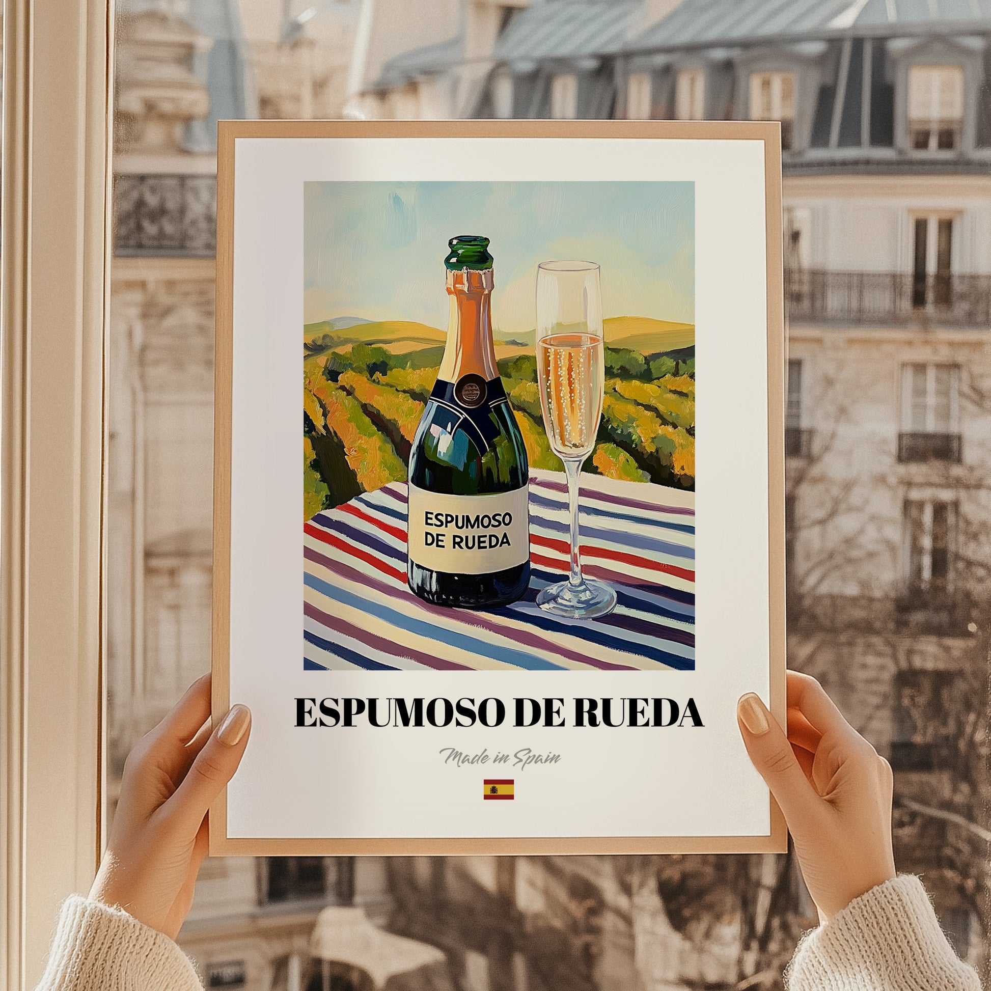 Espumoso de Rueda – Spanish Sparkling Wine, Wine Bar Poster, styled in a charming Paris street view