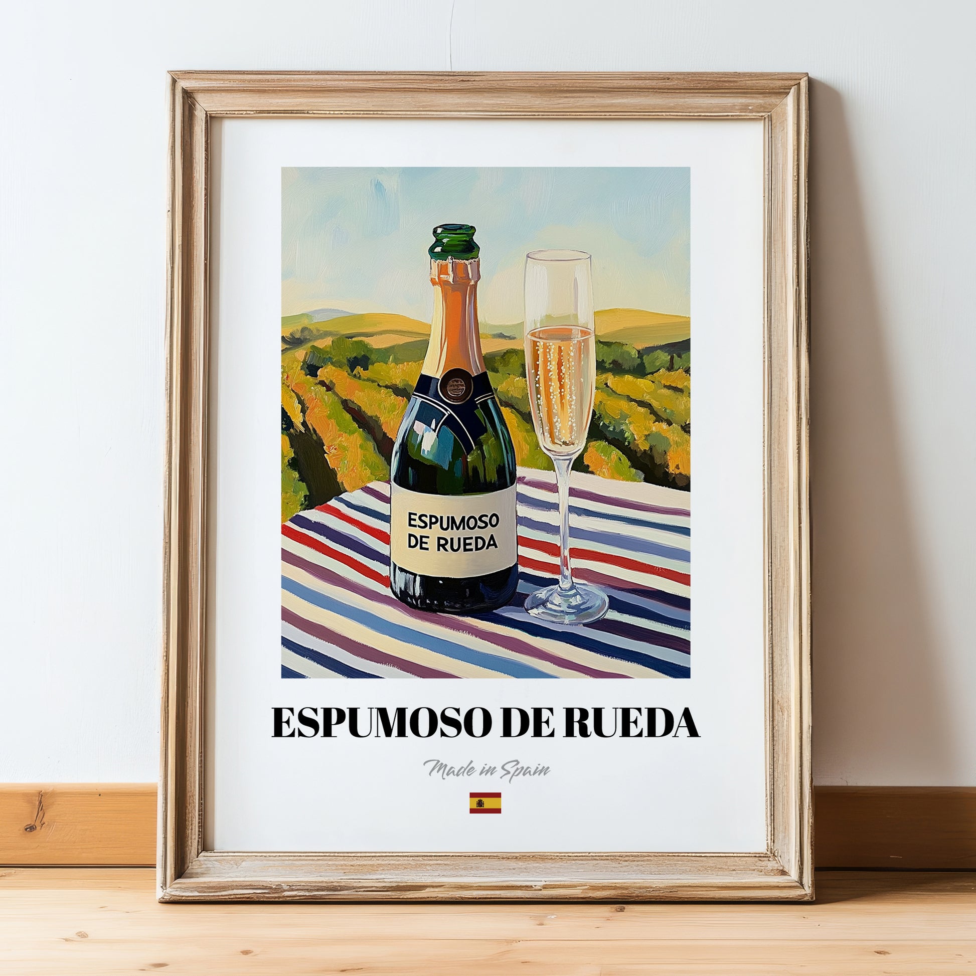 Espumoso de Rueda – Spanish Sparkling Wine, Wine Bar Poster, in wooden frame leaning on the floor