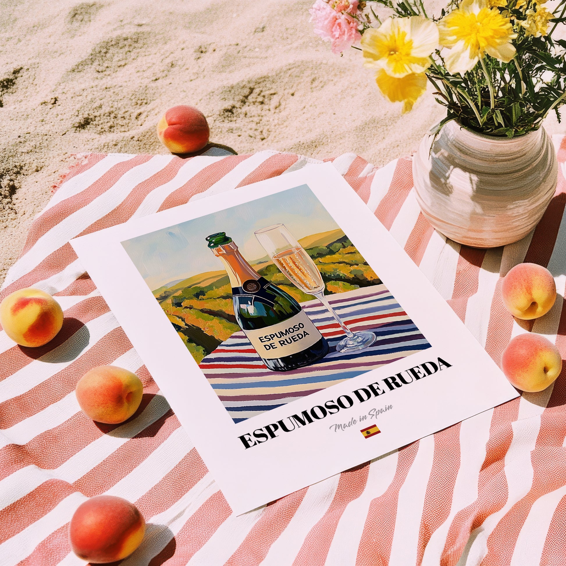 Espumoso de Rueda – Spanish Sparkling Wine, Wine Bar Poster, unframed on coastal sand