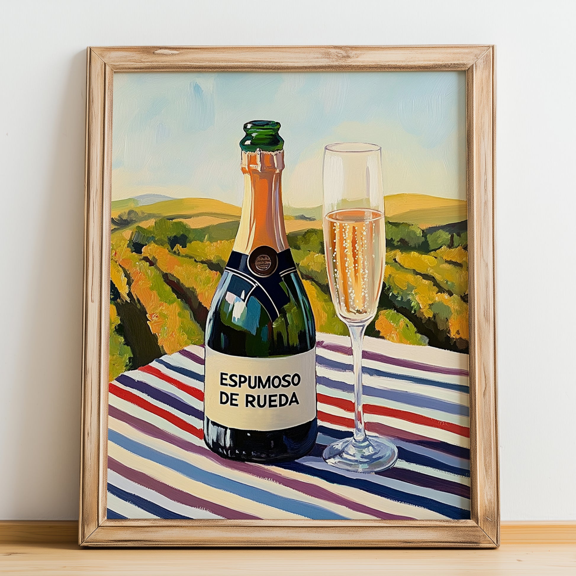 Espumoso de Rueda – Spanish Sparkling Wine, Wine Bar Poster, no-text version framed in wood