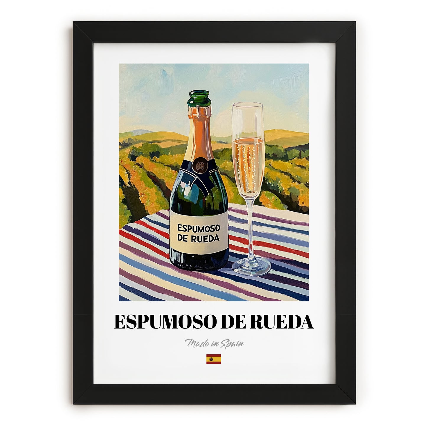 Espumoso de Rueda – Spanish Sparkling Wine, Wine Bar Poster, in sleek black frame