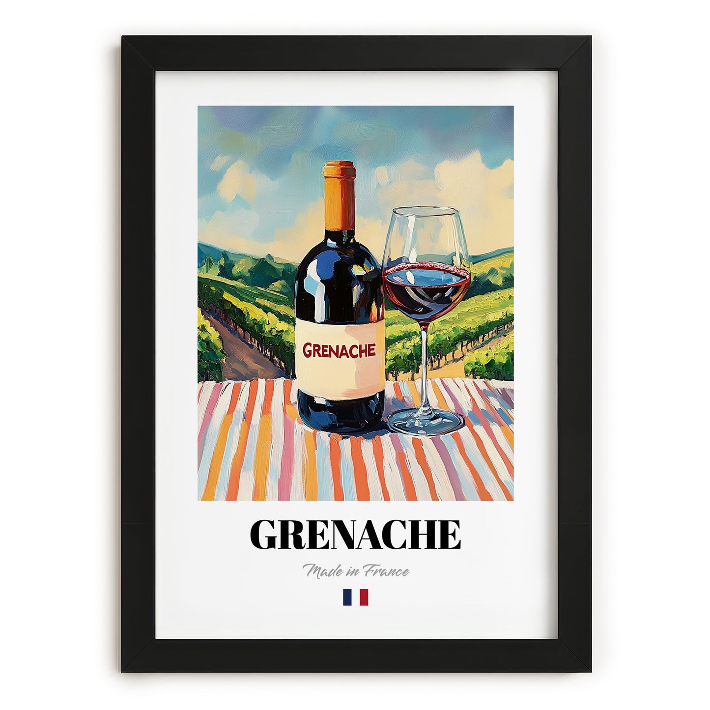 Grenache – French Red Wine, Vineyard Terrace Wall Art, in sleek black frame