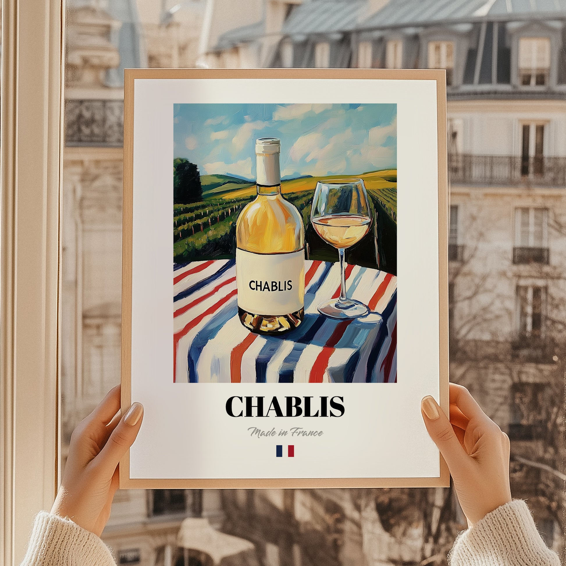 Chablis – French White Wine, Wine Bar Art, styled in a charming Paris street view