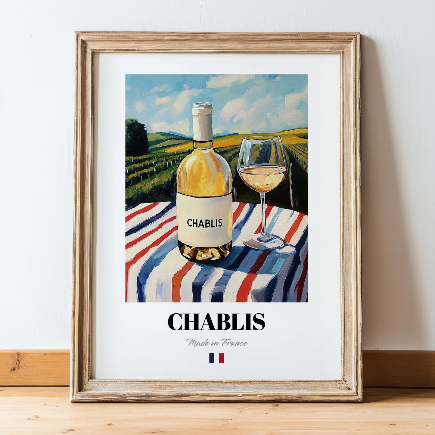 Chablis – French White Wine, Wine Bar Art, in wooden frame leaning on the floor