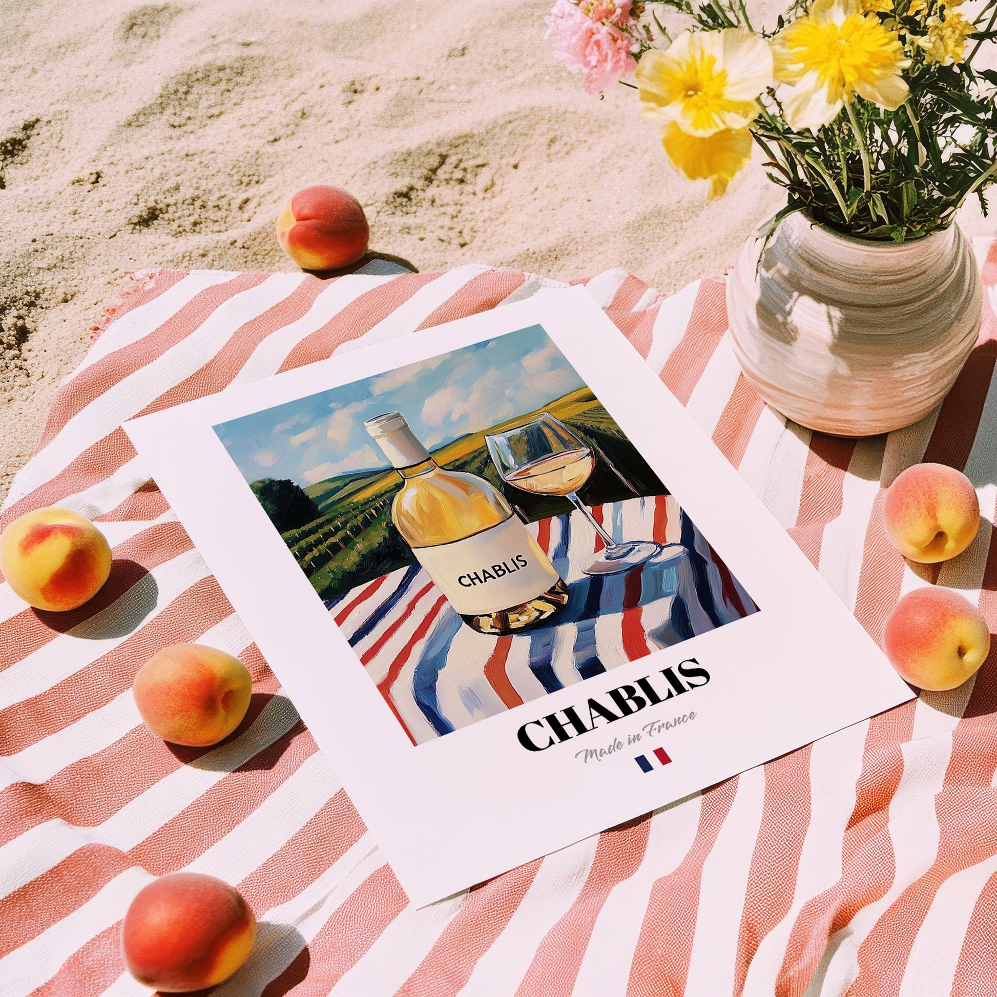 Chablis – French White Wine, Wine Bar Art, unframed on coastal sand