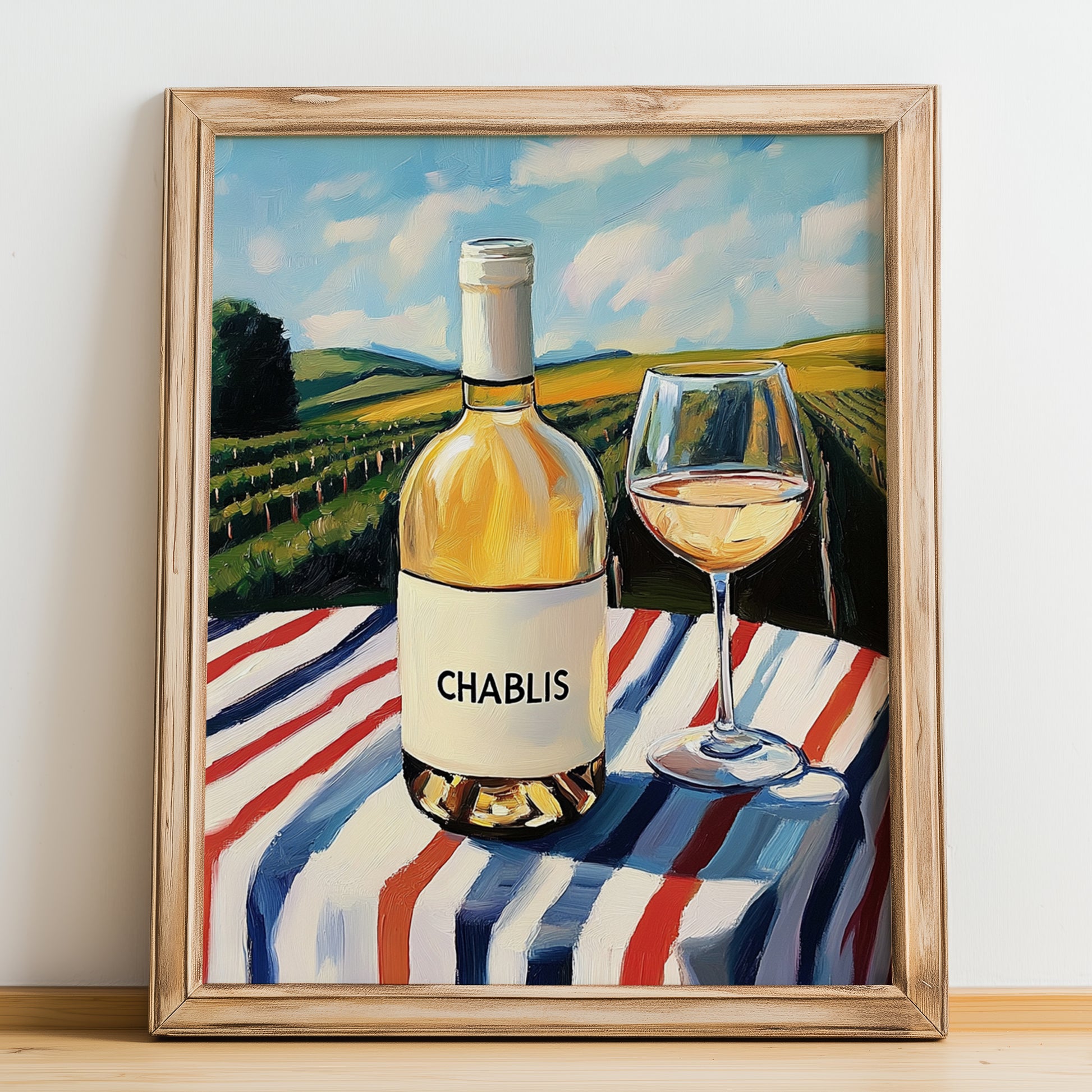Chablis – French White Wine, Wine Bar Art, no-text version framed in wood