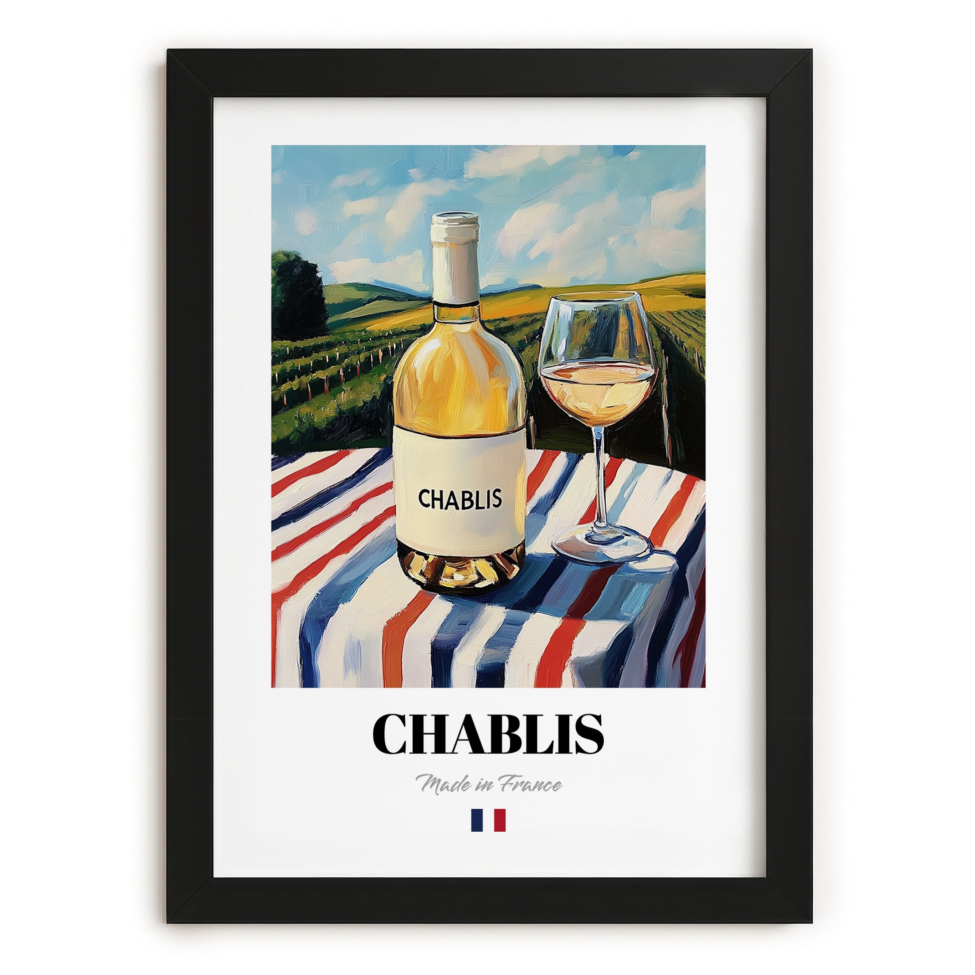 Chablis – French White Wine, Wine Bar Art, in sleek black frame