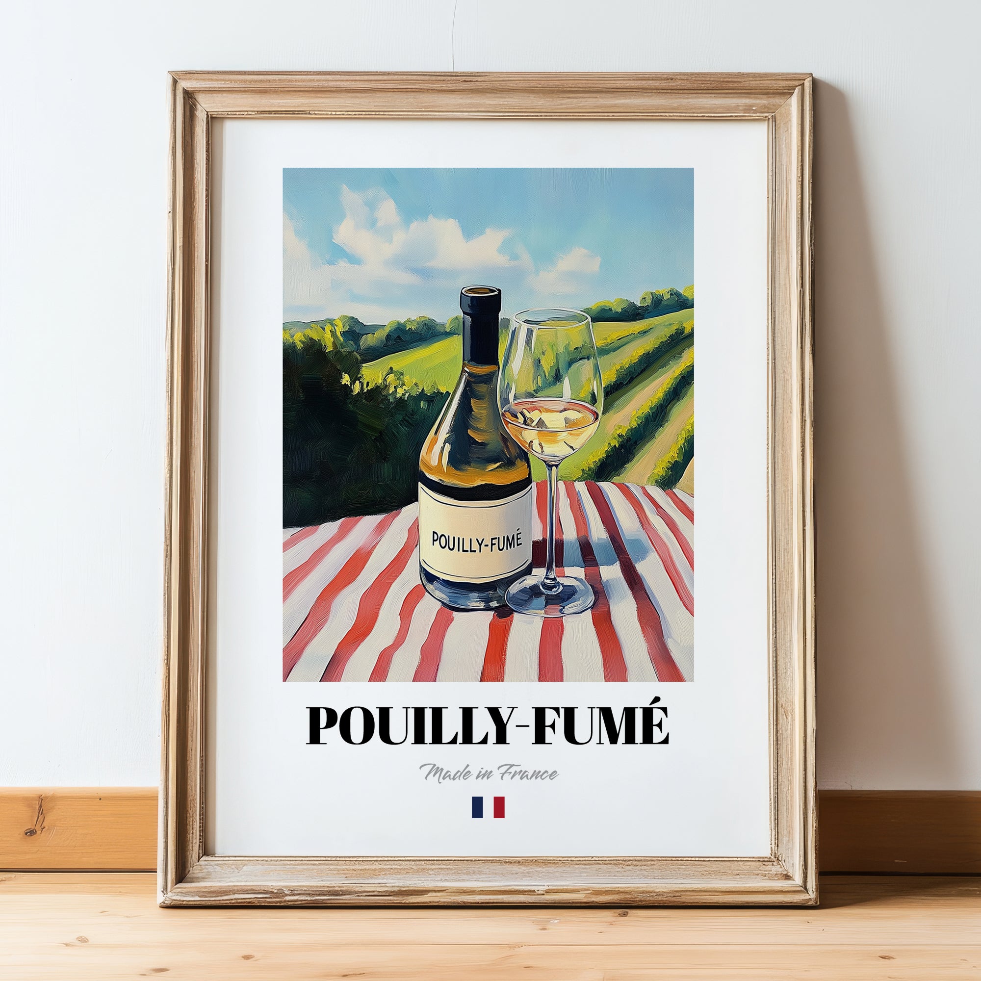 Pouilly-Fumé – French White Wine, Enoteca Illustration, in wooden frame leaning on the floor