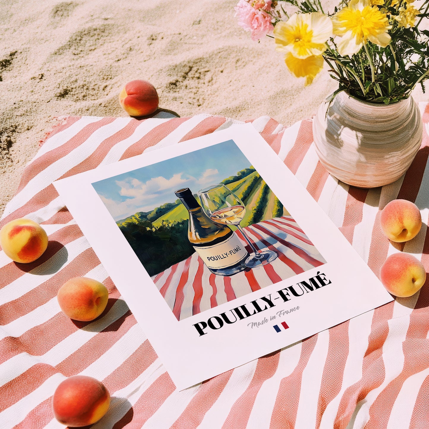 Pouilly-Fumé – French White Wine, Enoteca Illustration, unframed on coastal sand