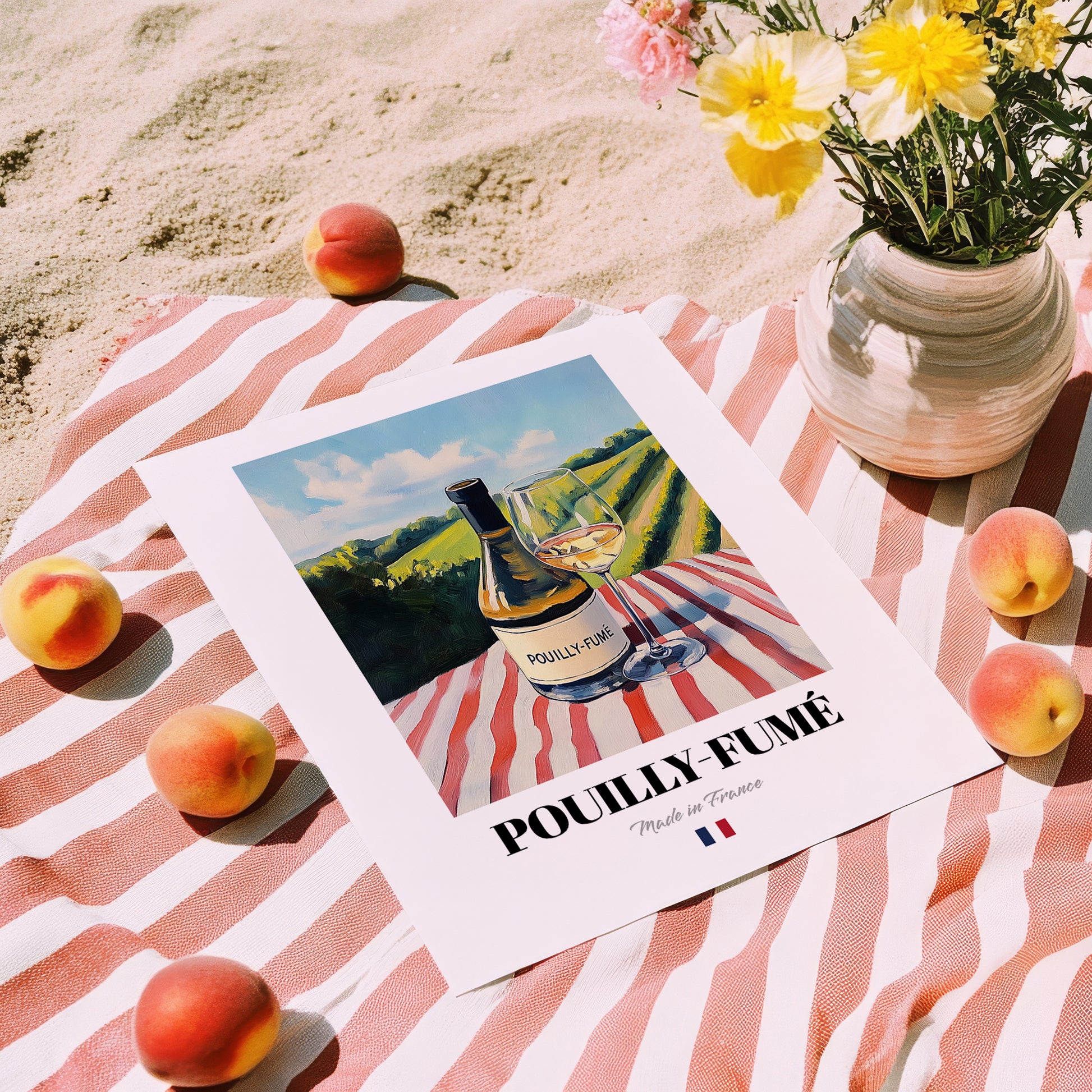 Pouilly-Fumé – French White Wine, Enoteca Illustration, unframed on coastal sand