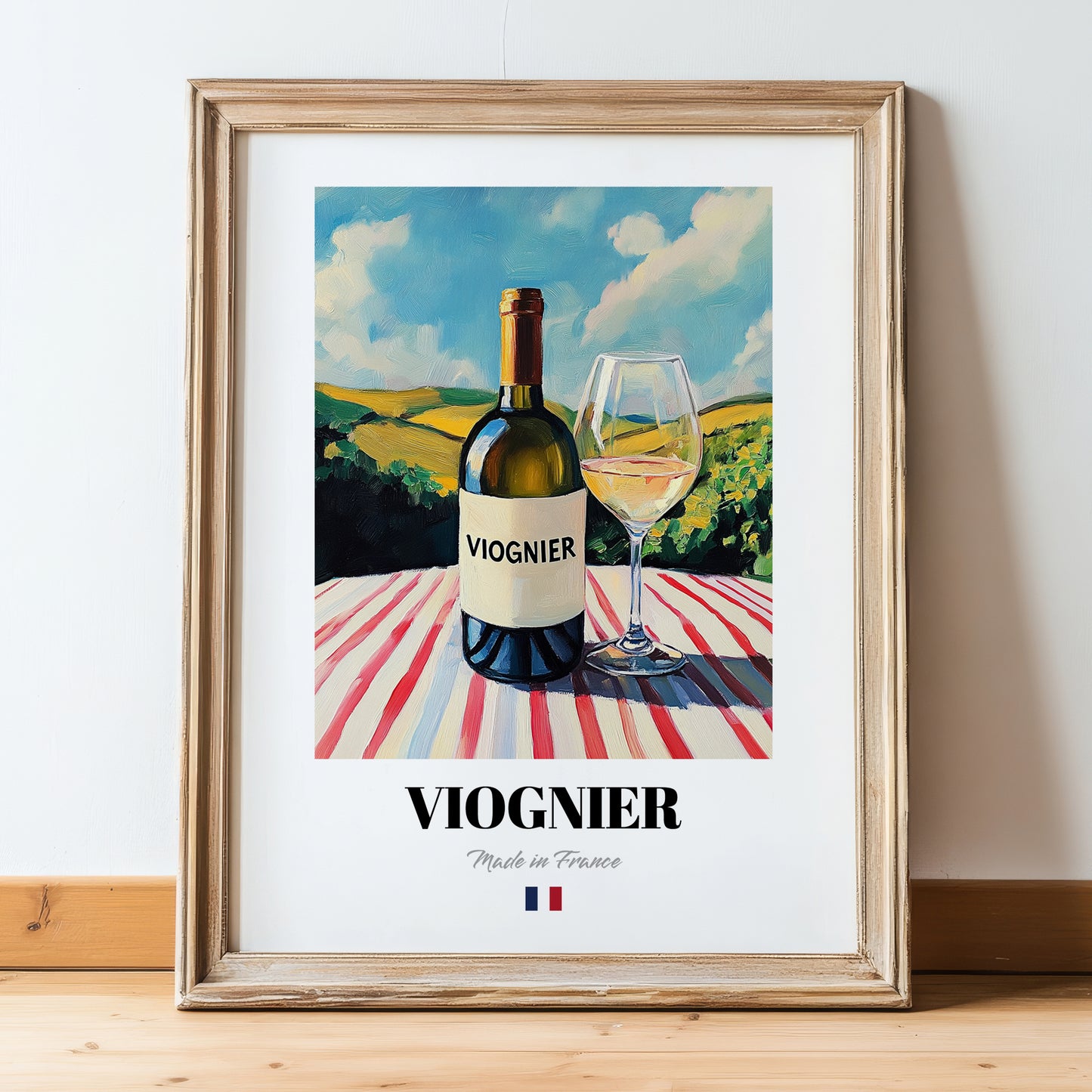 Viognier – French White Wine, Vinoteca Wall Art, in wooden frame leaning on the floor