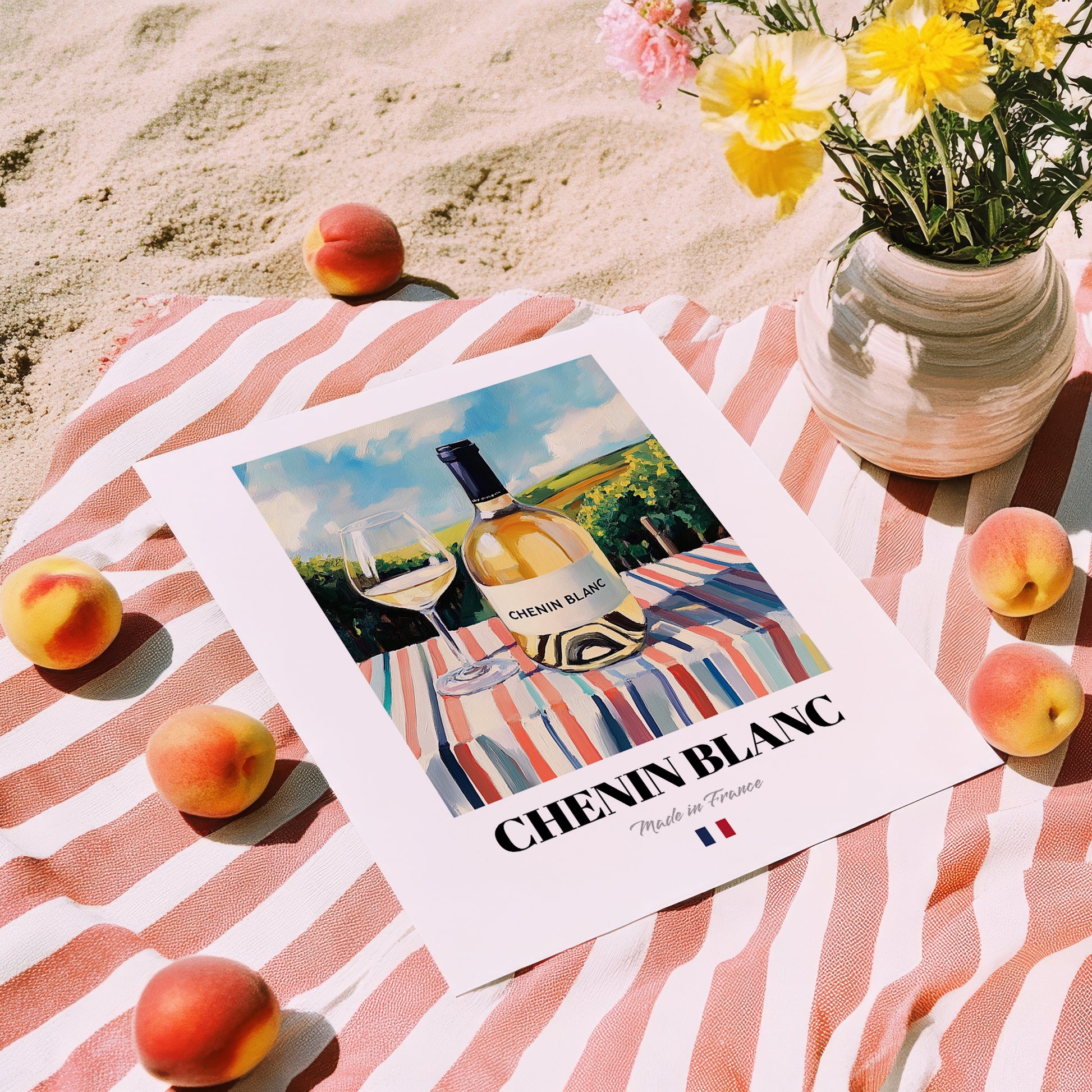 Chenin Blanc – French White Wine, Vinoteca Wall Art, unframed on coastal sand