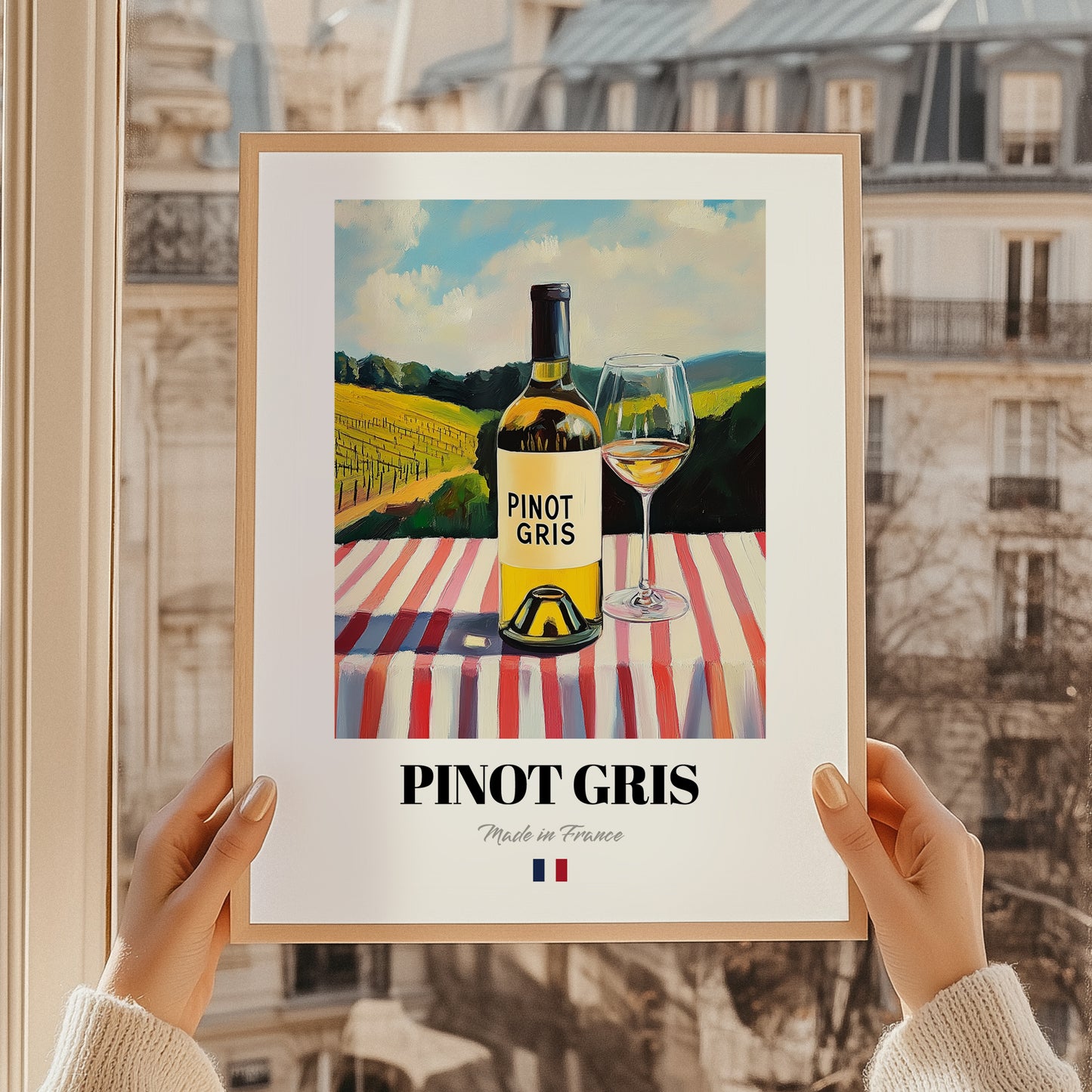 Pinot Gris – French White Wine, Bodega Poster, styled in a charming Paris street view