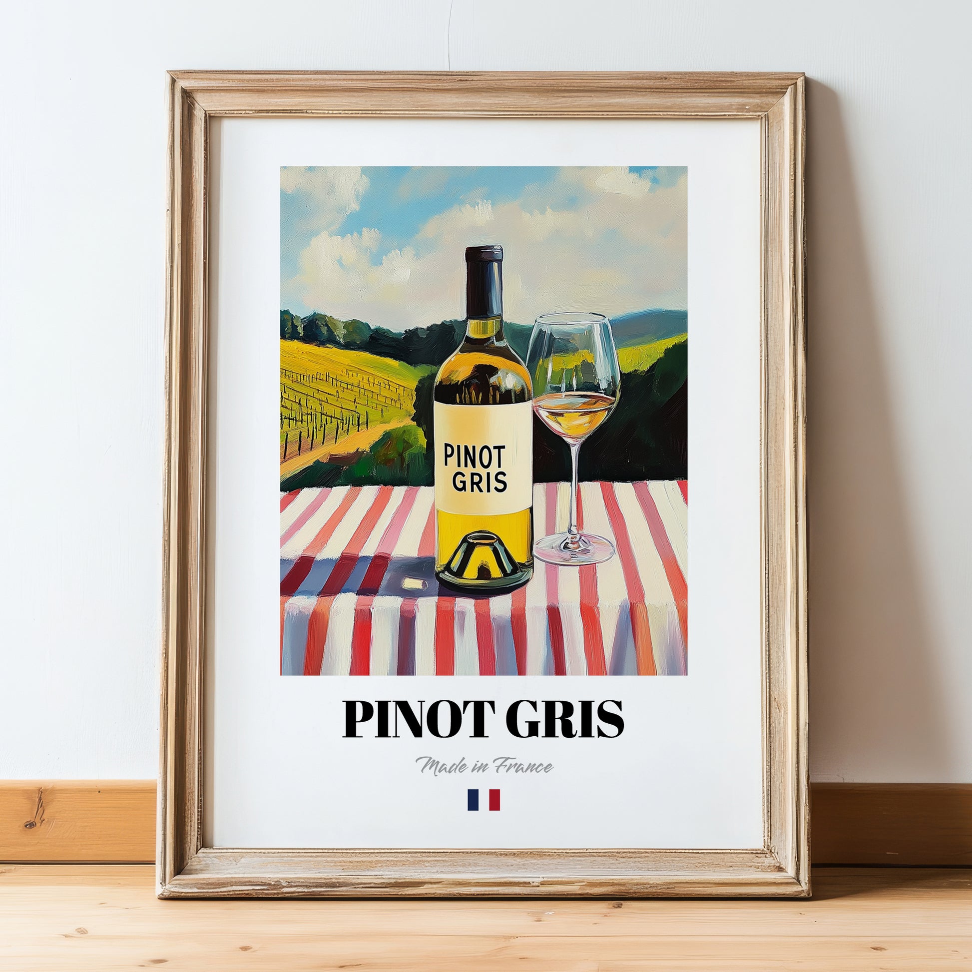 Pinot Gris – French White Wine, Bodega Poster, in wooden frame leaning on the floor