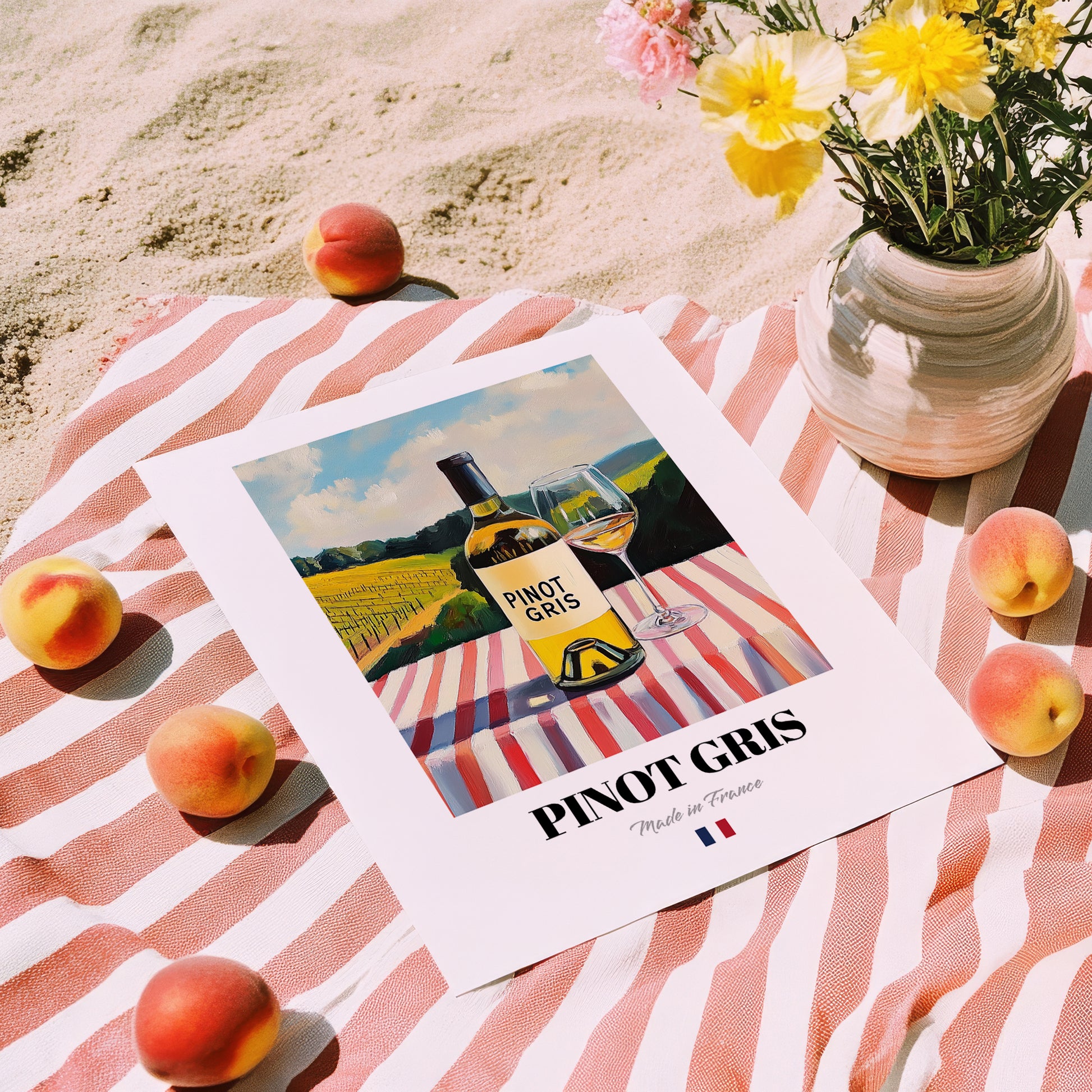 Pinot Gris – French White Wine, Bodega Poster, unframed on coastal sand
